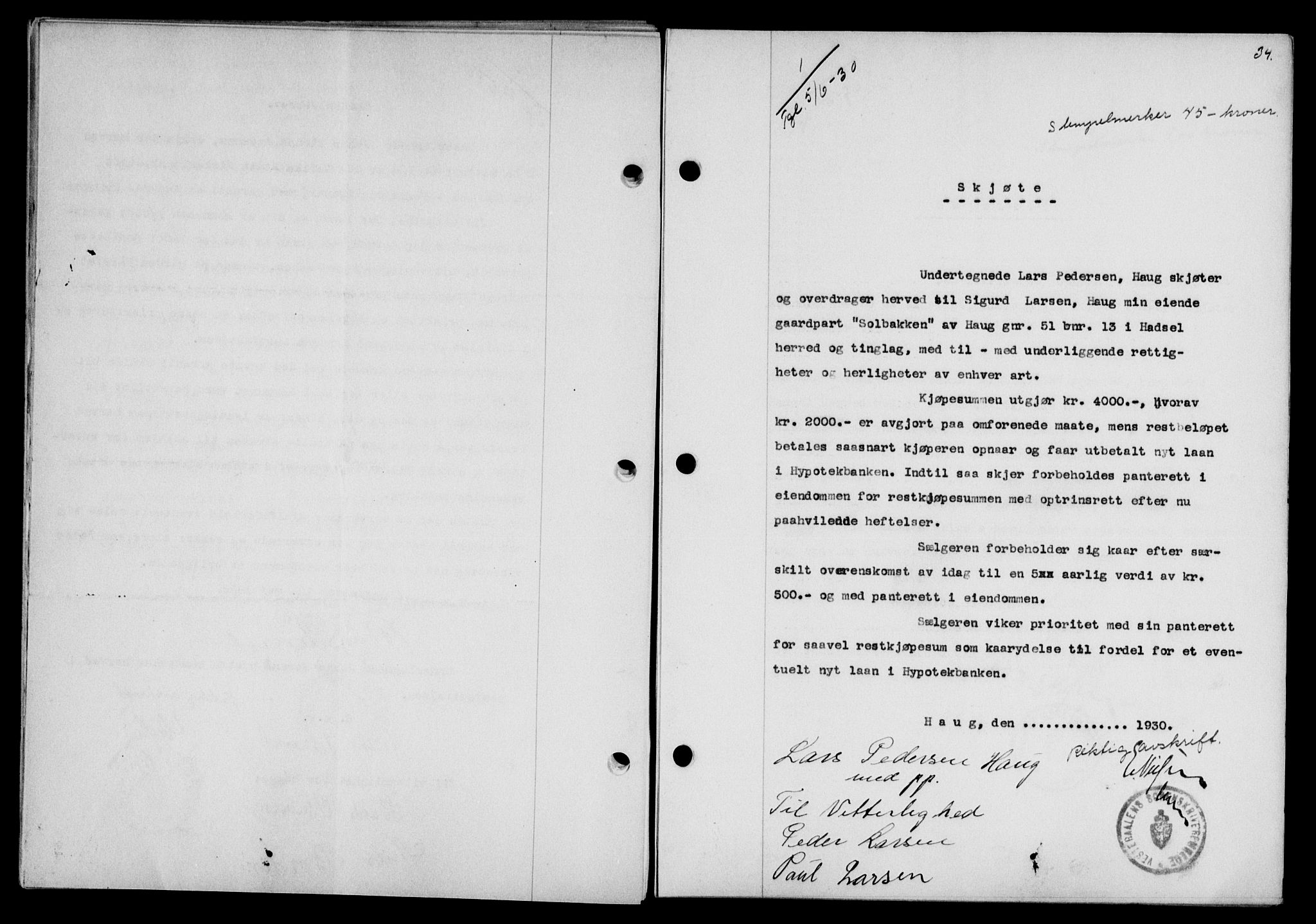 Vesterålen sorenskriveri, SAT/A-4180/1/2/2Ca/L0051: Mortgage book no. 44, 1930-1930, Deed date: 05.06.1930