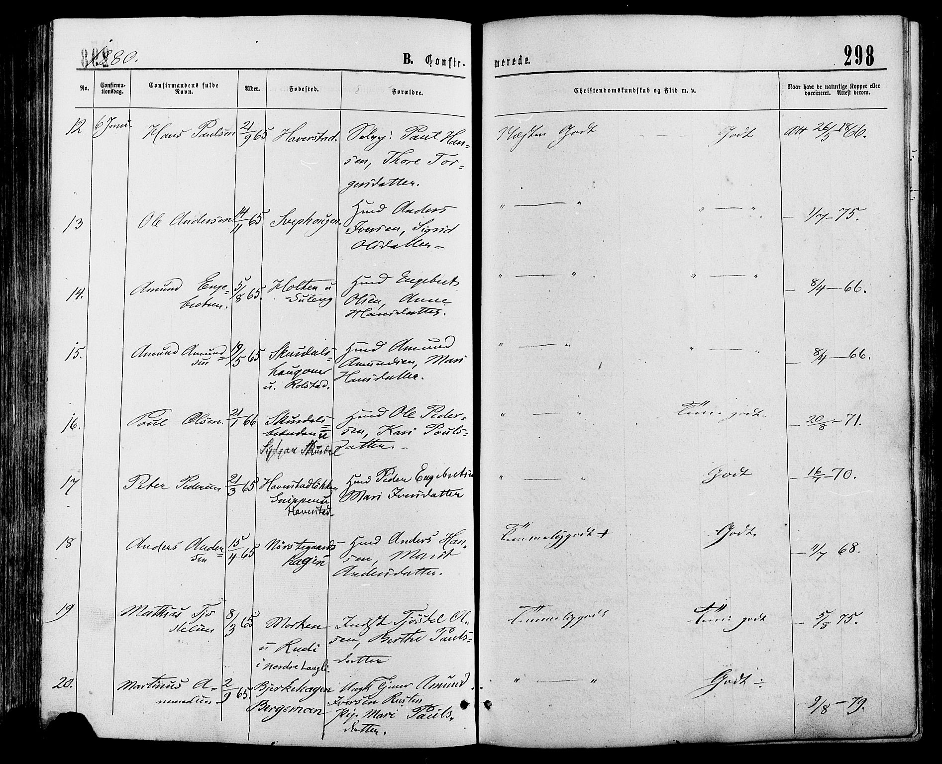 Sør-Fron prestekontor, AV/SAH-PREST-010/H/Ha/Haa/L0002: Parish register (official) no. 2, 1864-1880, p. 298