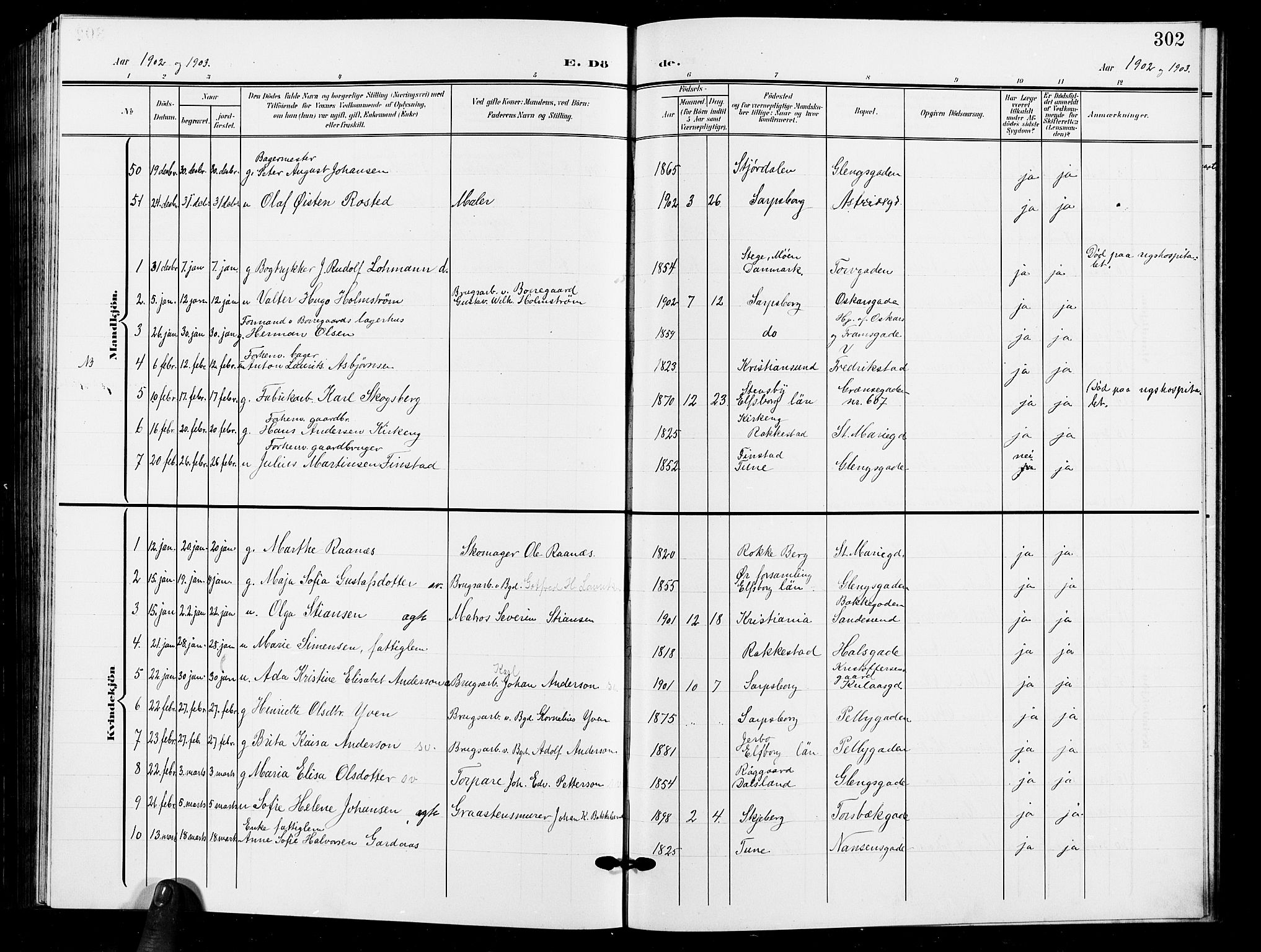 Sarpsborg prestekontor Kirkebøker, AV/SAO-A-2006/G/Ga/L0001: Parish register (copy) no. 1, 1902-1911, p. 302