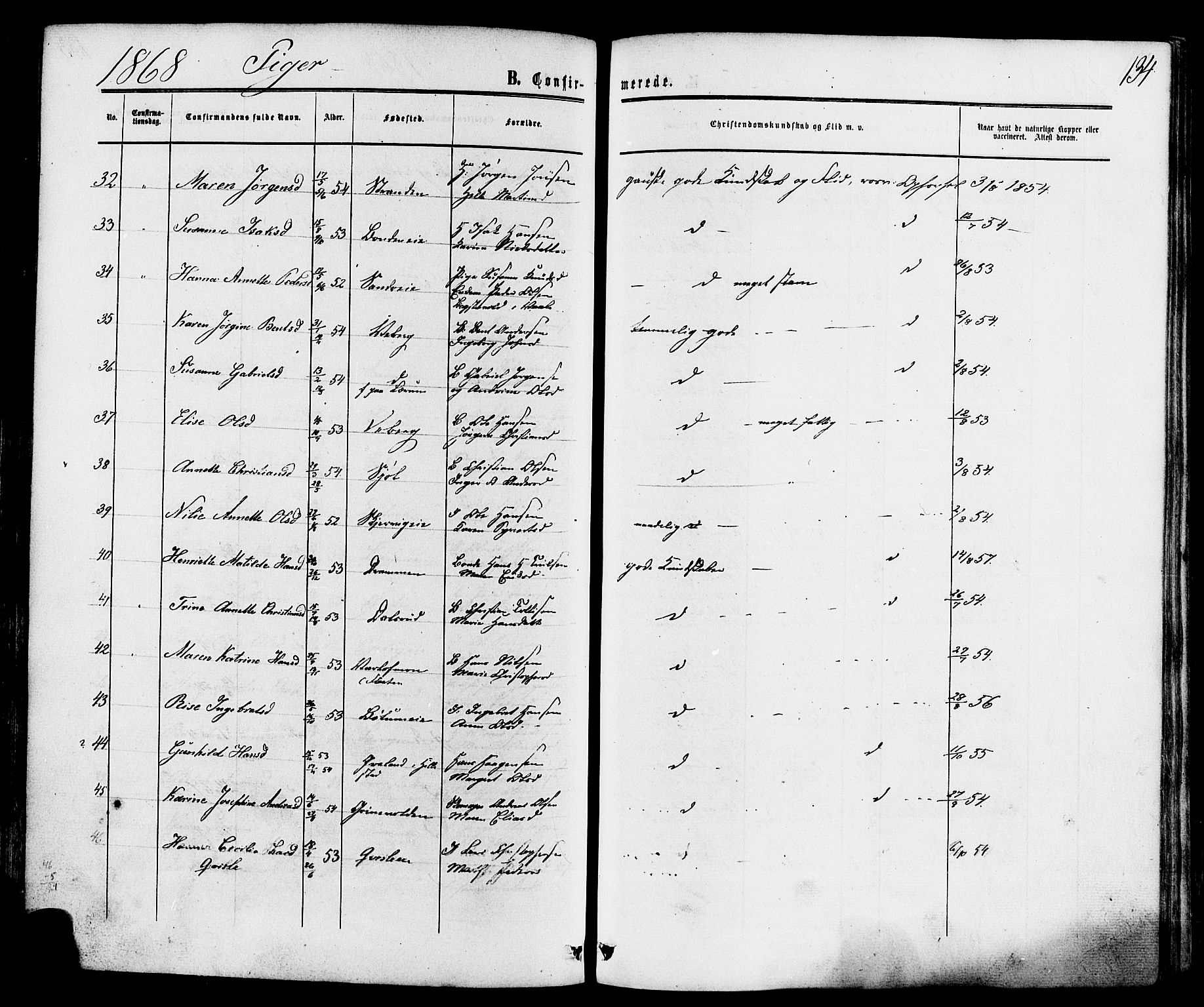 Sande Kirkebøker, AV/SAKO-A-53/F/Fa/L0005: Parish register (official) no. 5, 1865-1877, p. 134