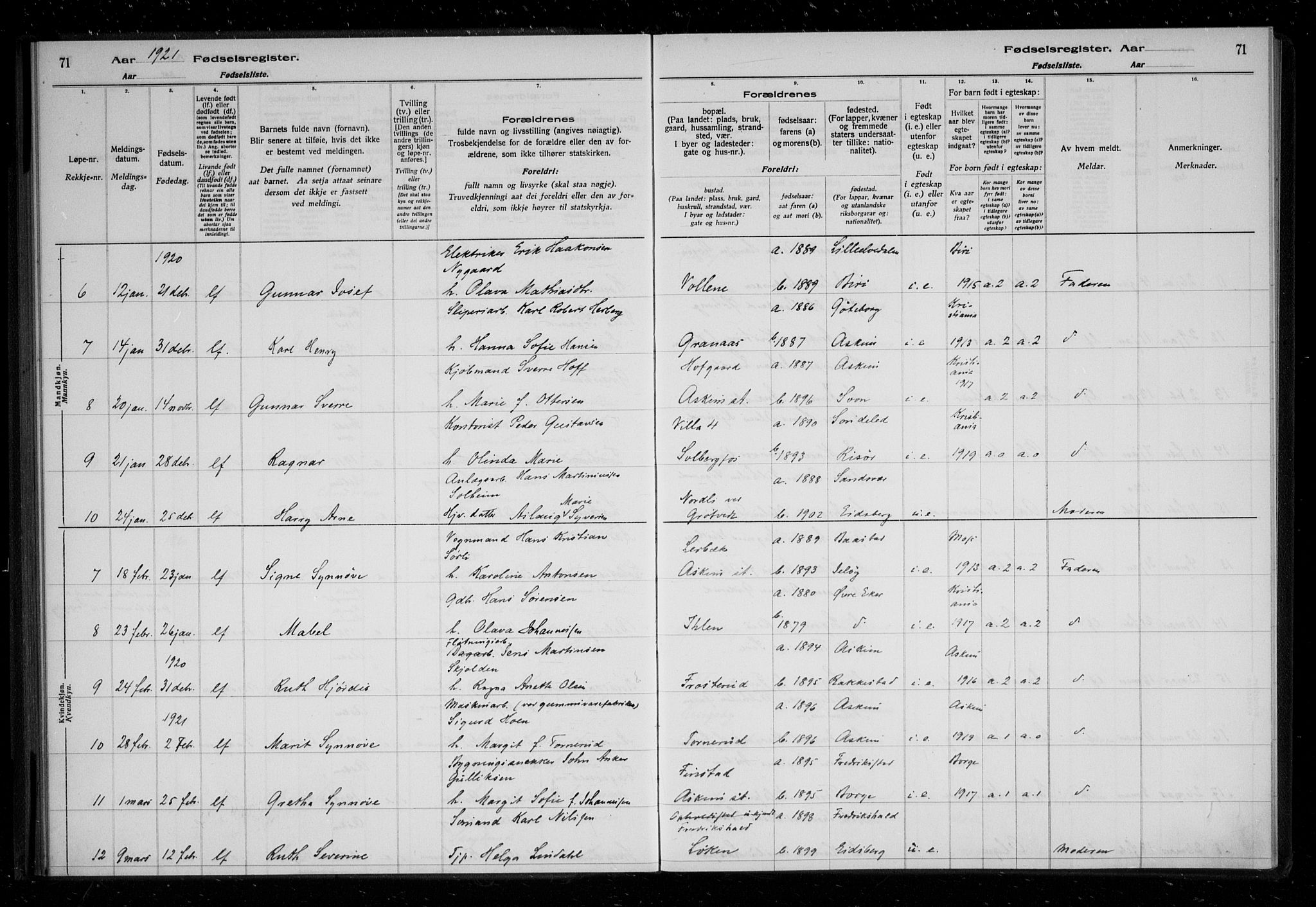 Askim prestekontor Kirkebøker, AV/SAO-A-10900/J/Ja/L0001: Birth register no. 1, 1916-1929, p. 71