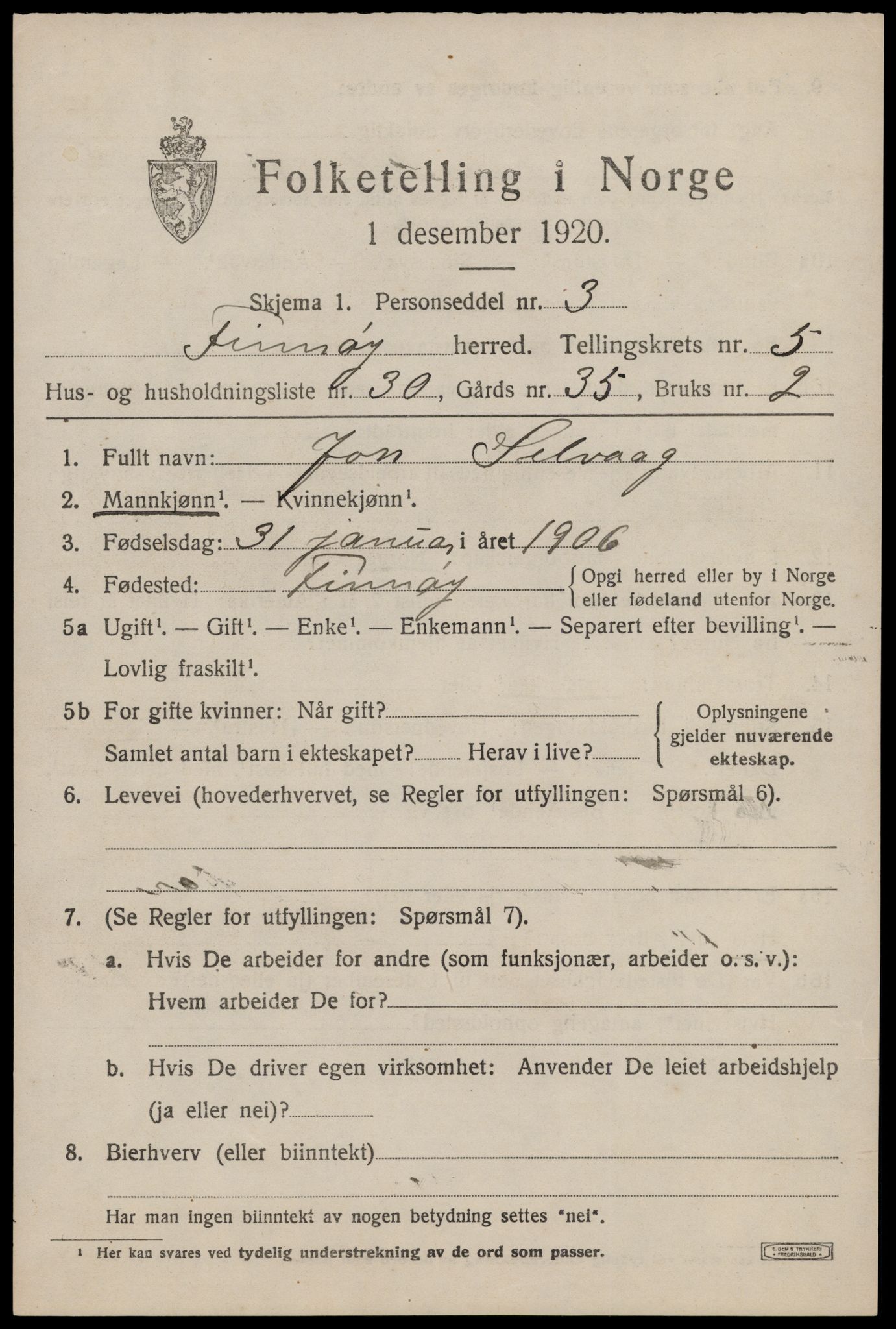 SAST, 1920 census for Finnøy, 1920, p. 3256