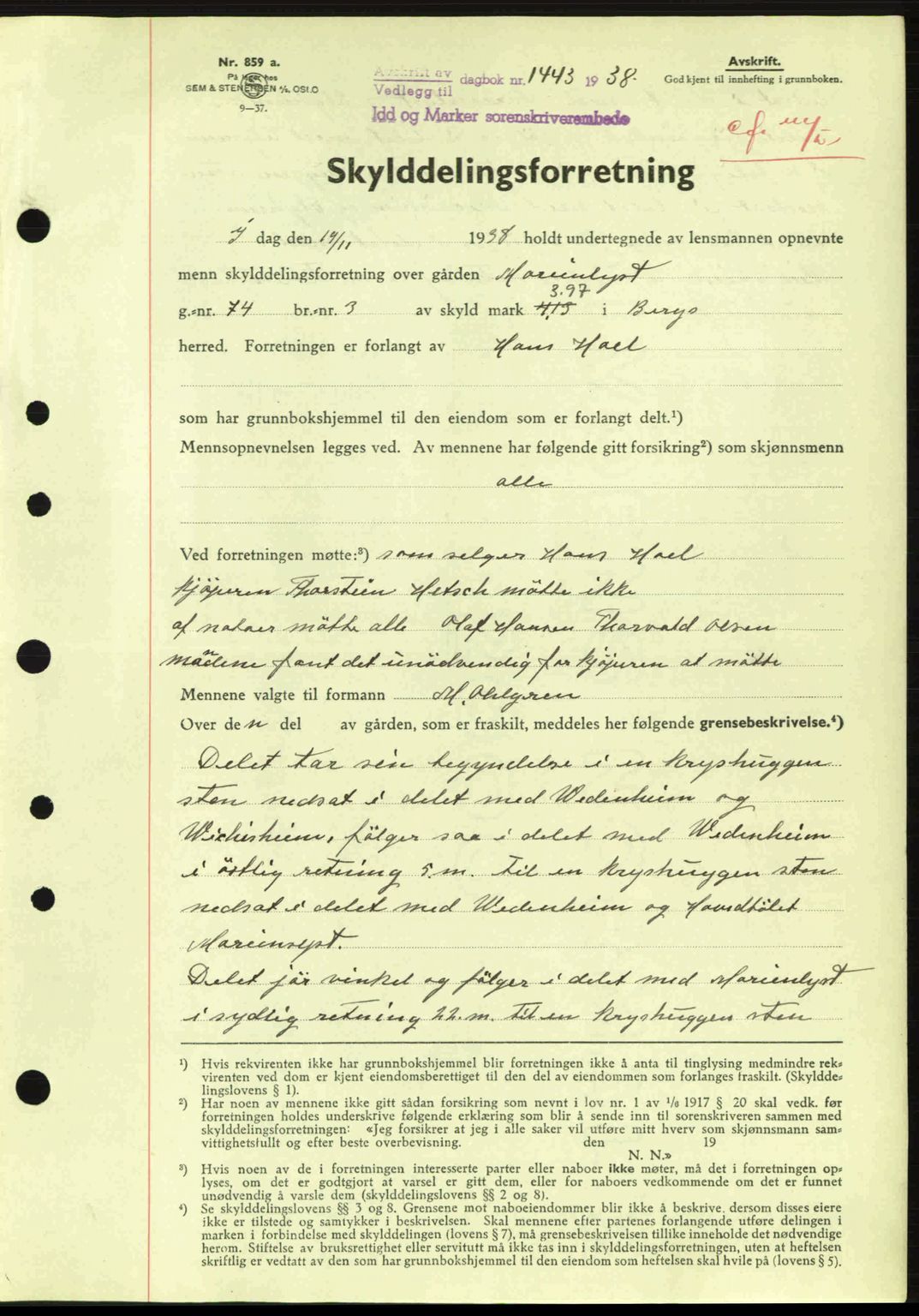 Idd og Marker sorenskriveri, AV/SAO-A-10283/G/Gb/Gbb/L0003: Mortgage book no. A3, 1938-1939, Diary no: : 1443/1938