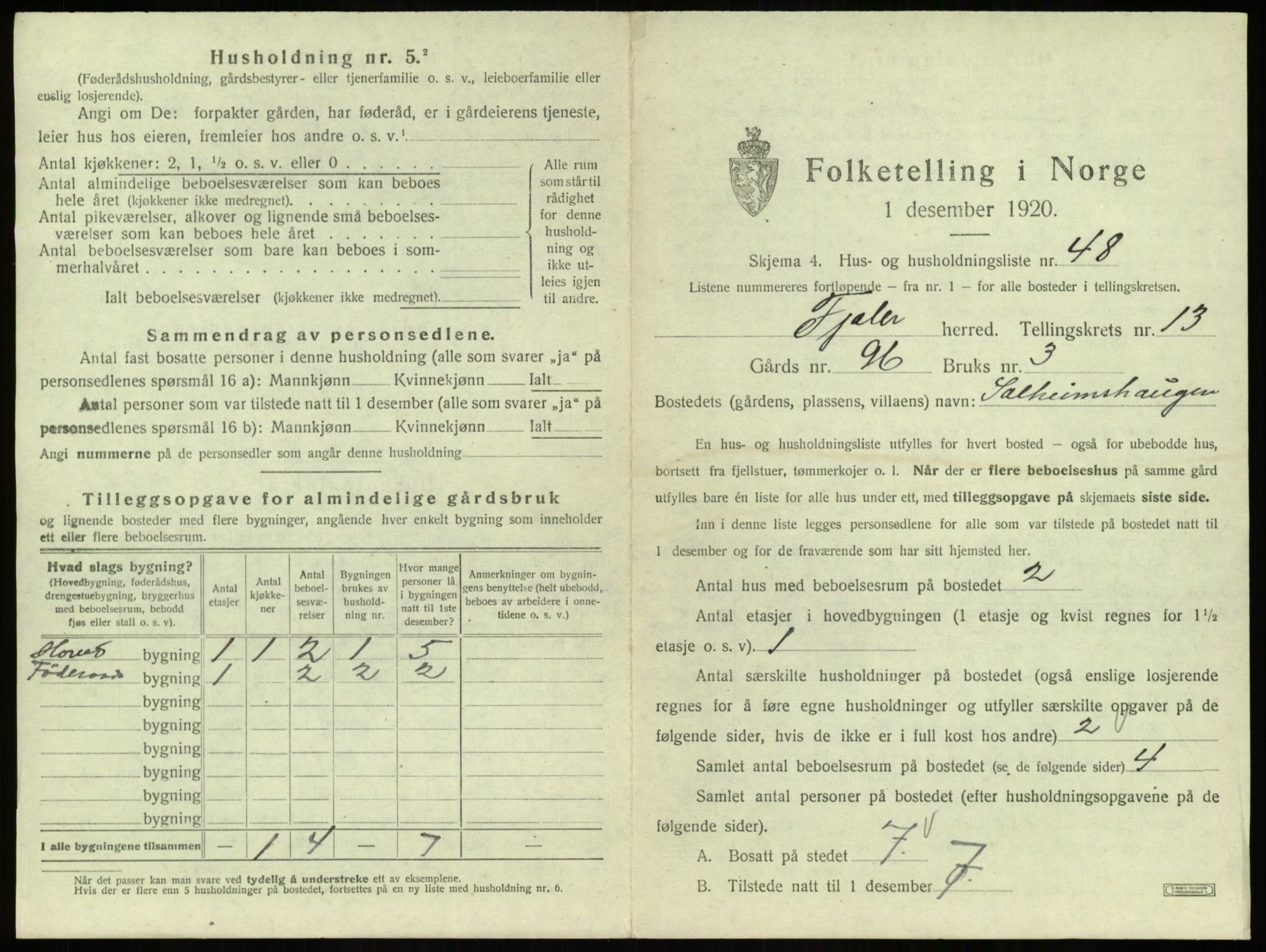 SAB, 1920 census for Fjaler, 1920, p. 1154