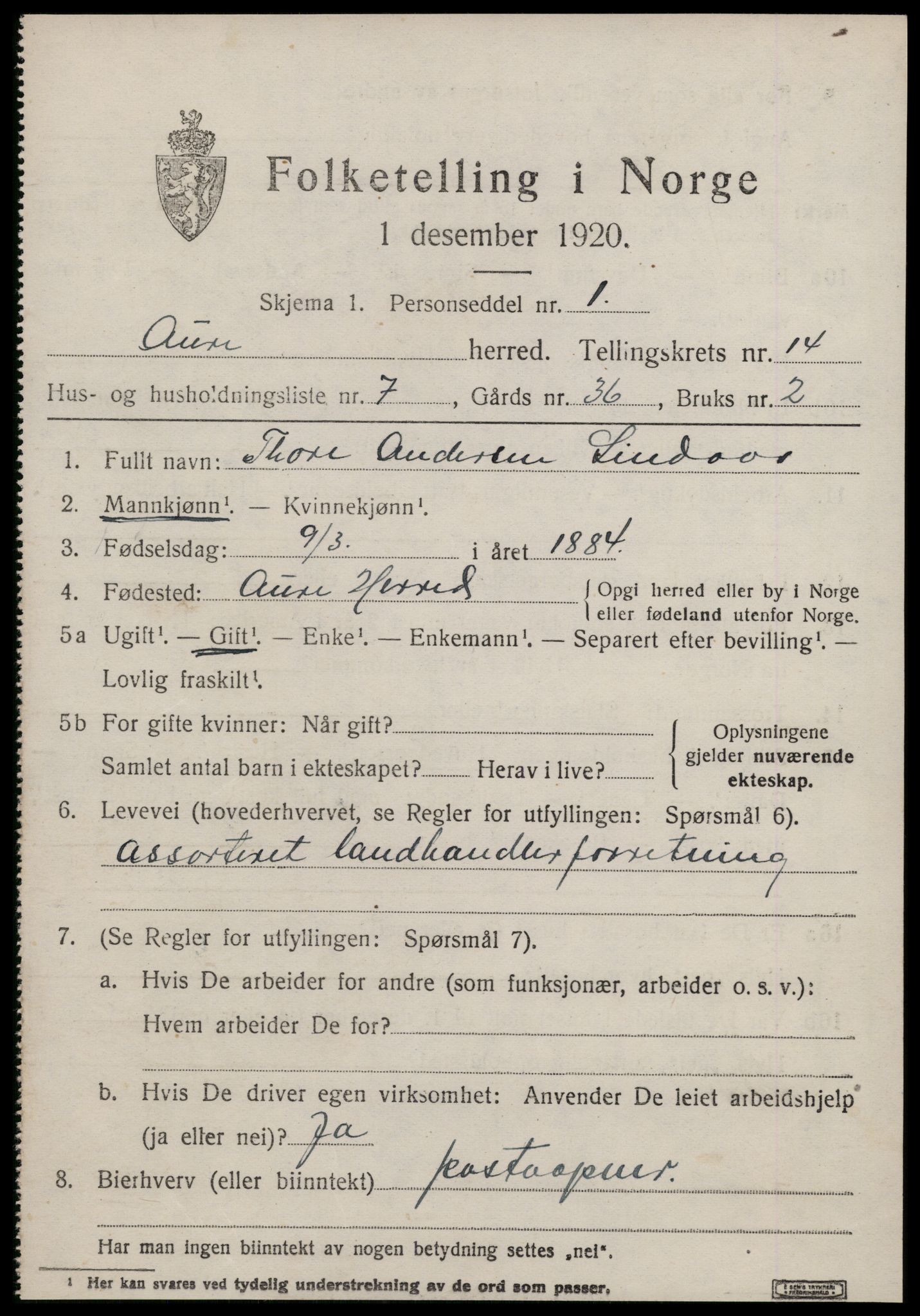 SAT, 1920 census for Aure, 1920, p. 5418