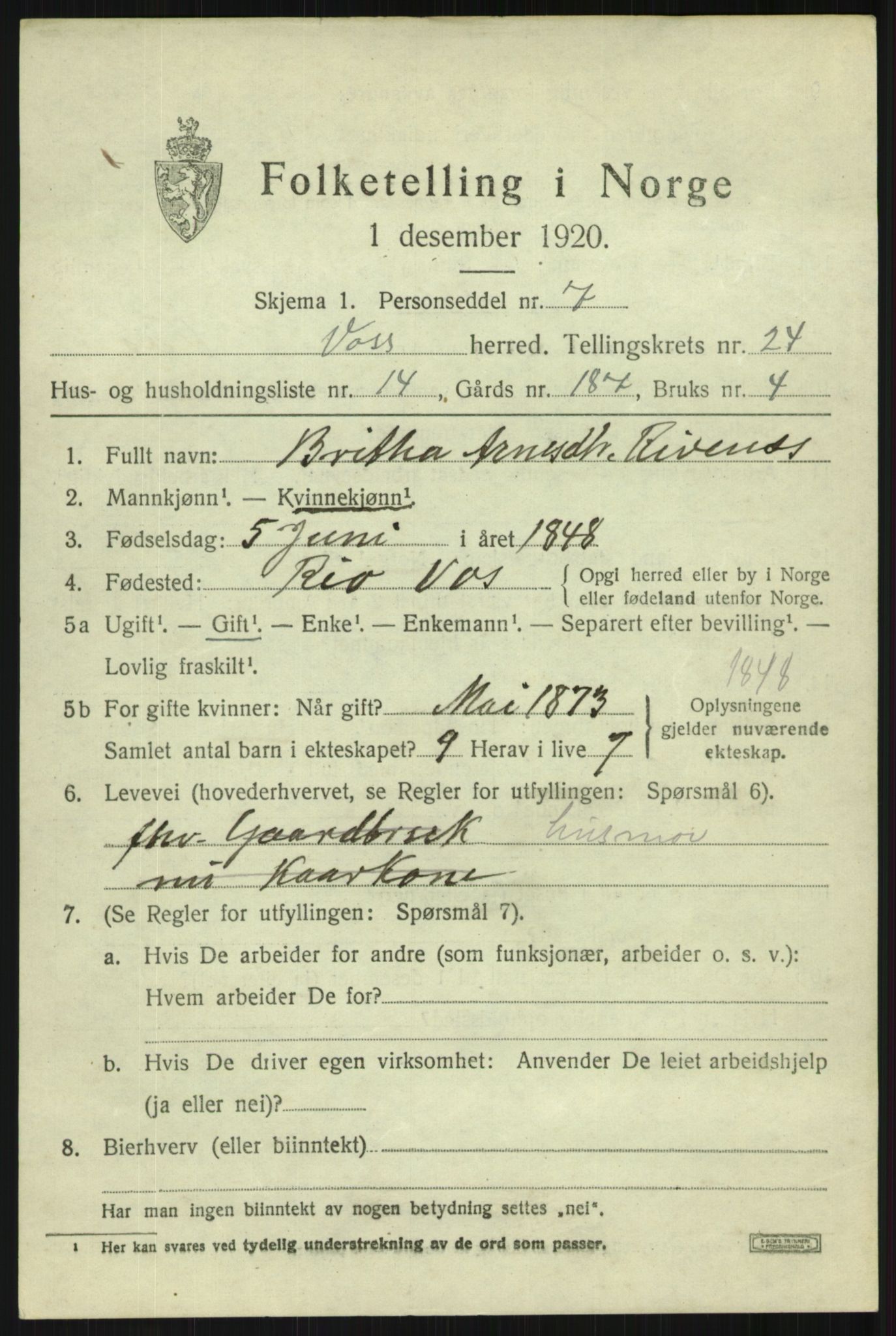 SAB, 1920 census for Voss, 1920, p. 16263