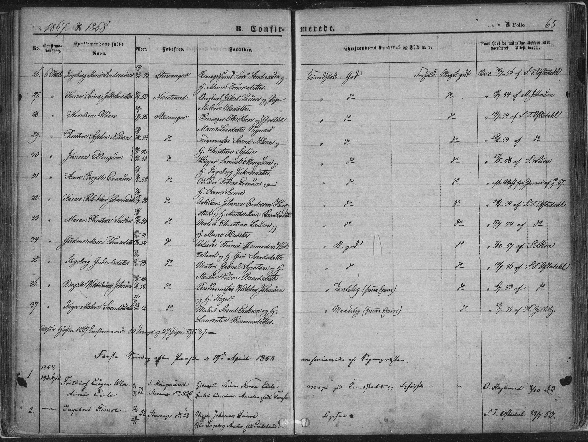 Domkirken sokneprestkontor, SAST/A-101812/001/30/30BA/L0018: Parish register (official) no. A 17, 1857-1877, p. 65