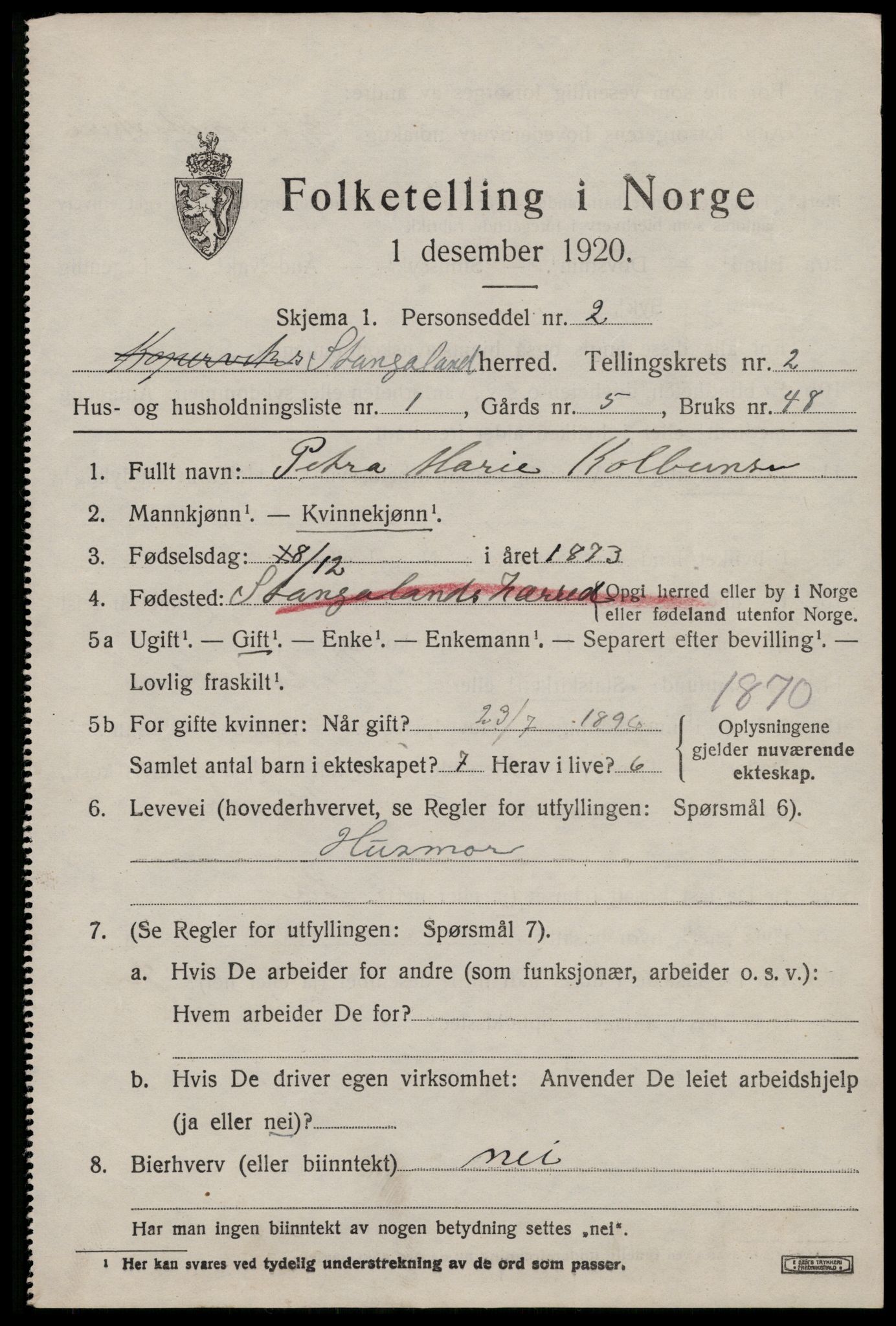 SAST, 1920 census for Stangaland, 1920, p. 1201