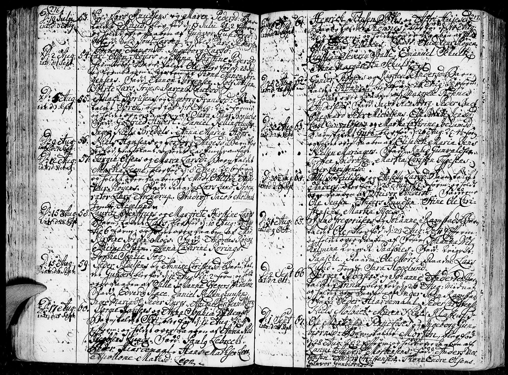 Kristiansand domprosti, SAK/1112-0006/F/Fa/L0001: Parish register (official) no. A 1, 1734-1793, p. 216-217