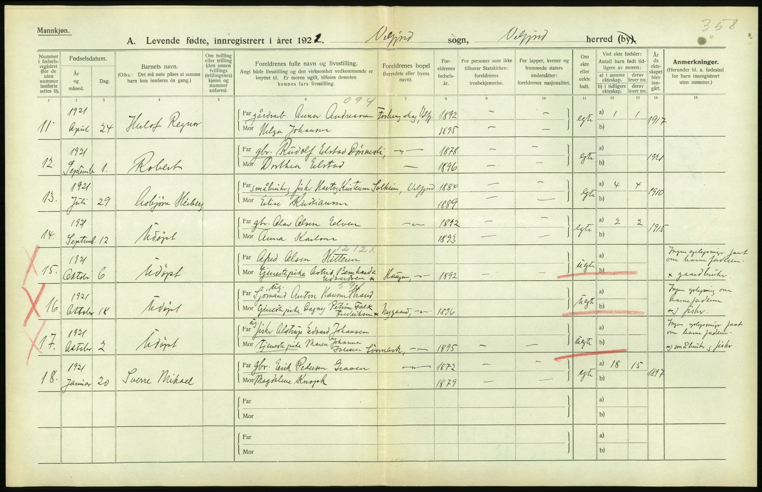 Statistisk sentralbyrå, Sosiodemografiske emner, Befolkning, AV/RA-S-2228/D/Df/Dfc/Dfca/L0049: Nordland fylke: Levendefødte menn og kvinner. Bygder., 1921, p. 494