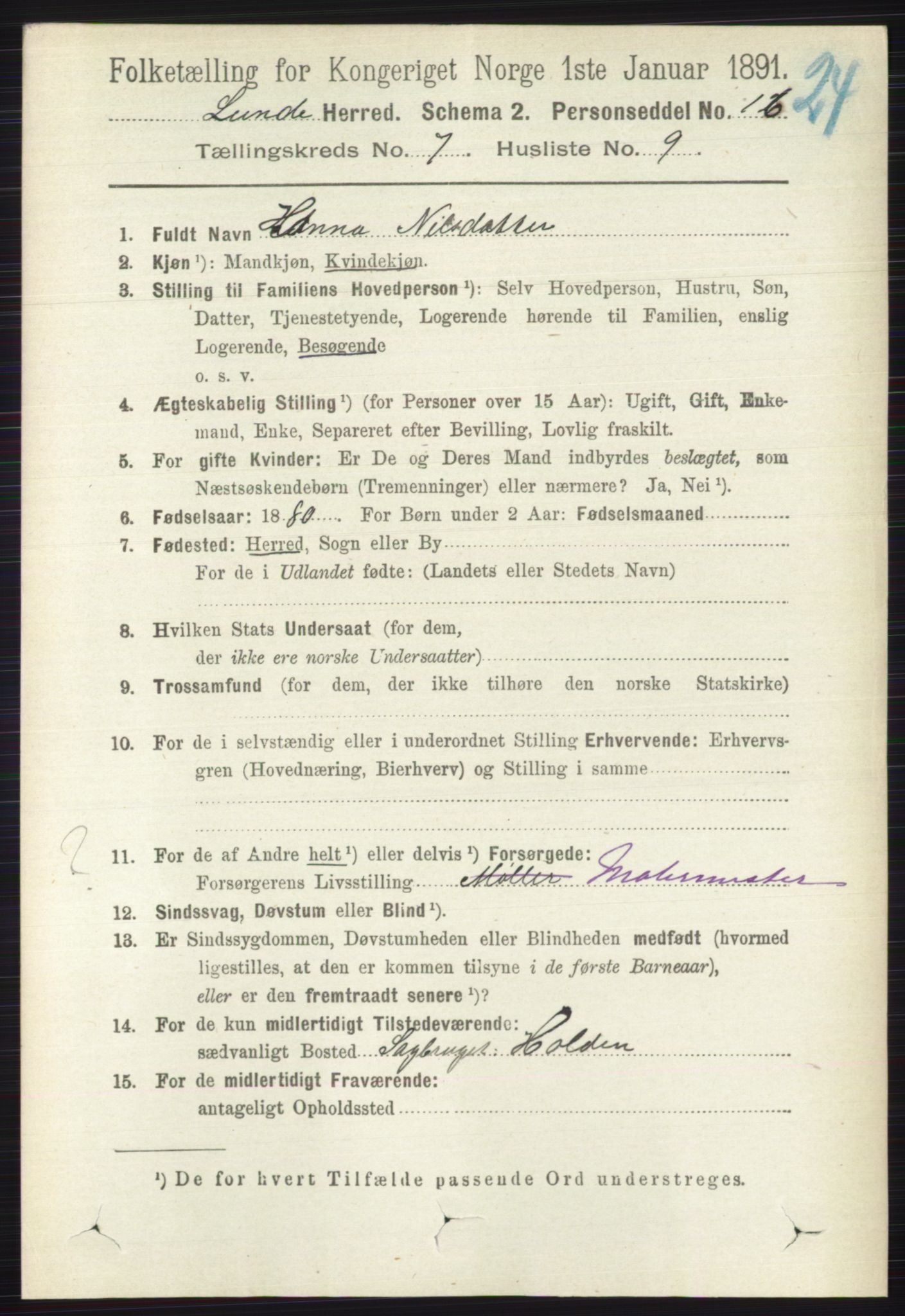 RA, 1891 census for 0820 Lunde, 1891, p. 2268