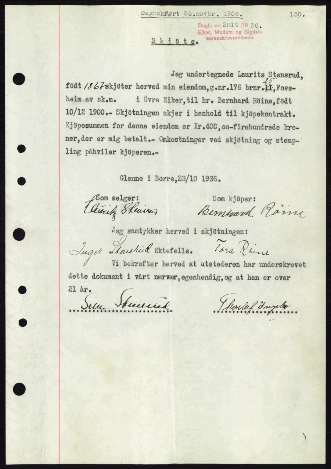 Eiker, Modum og Sigdal sorenskriveri, SAKO/A-123/G/Ga/Gab/L0034: Mortgage book no. A4, 1936-1937, Diary no: : 2819/1936