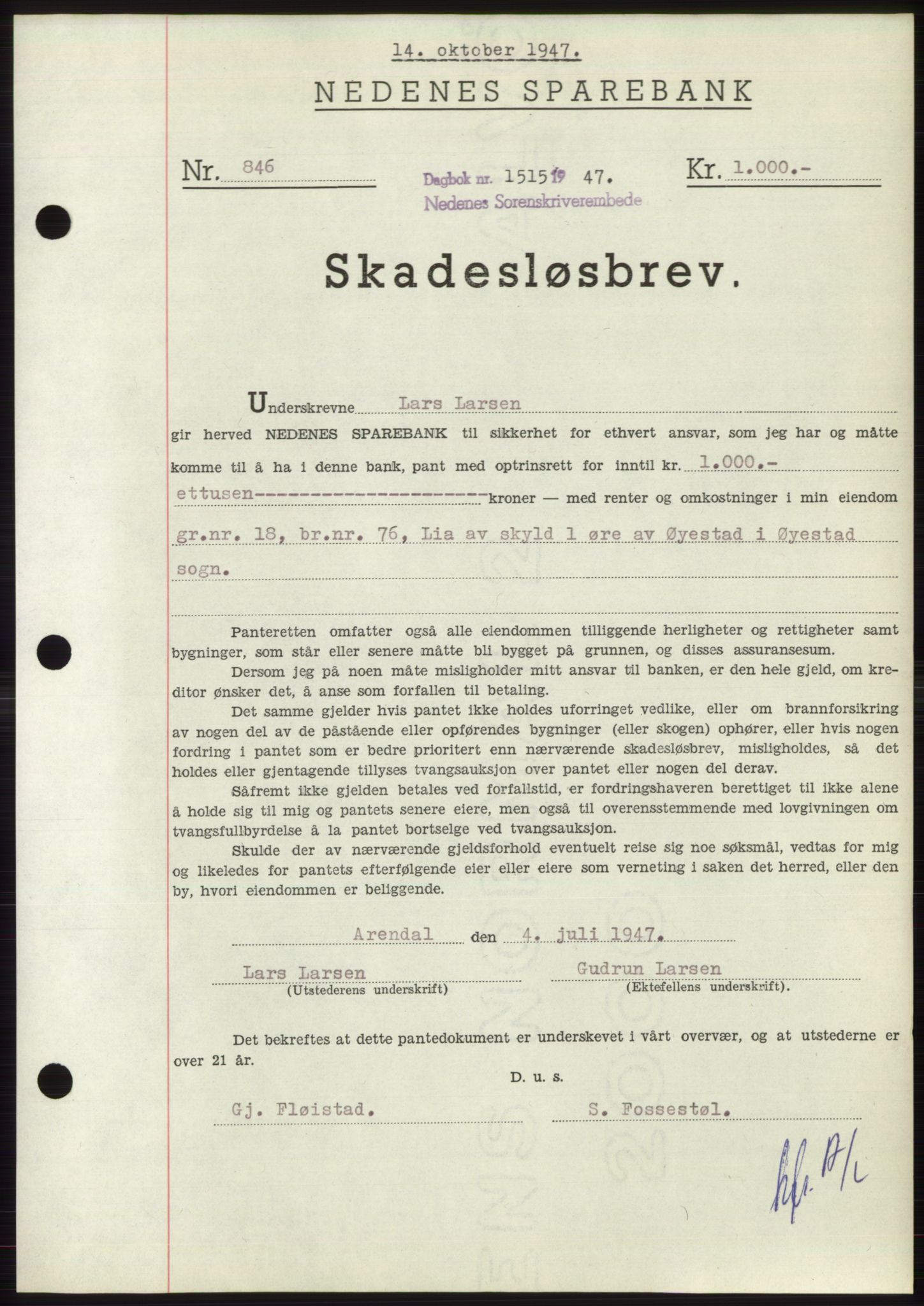 Nedenes sorenskriveri, AV/SAK-1221-0006/G/Gb/Gbb/L0004: Mortgage book no. B4, 1947-1947, Diary no: : 1515/1947