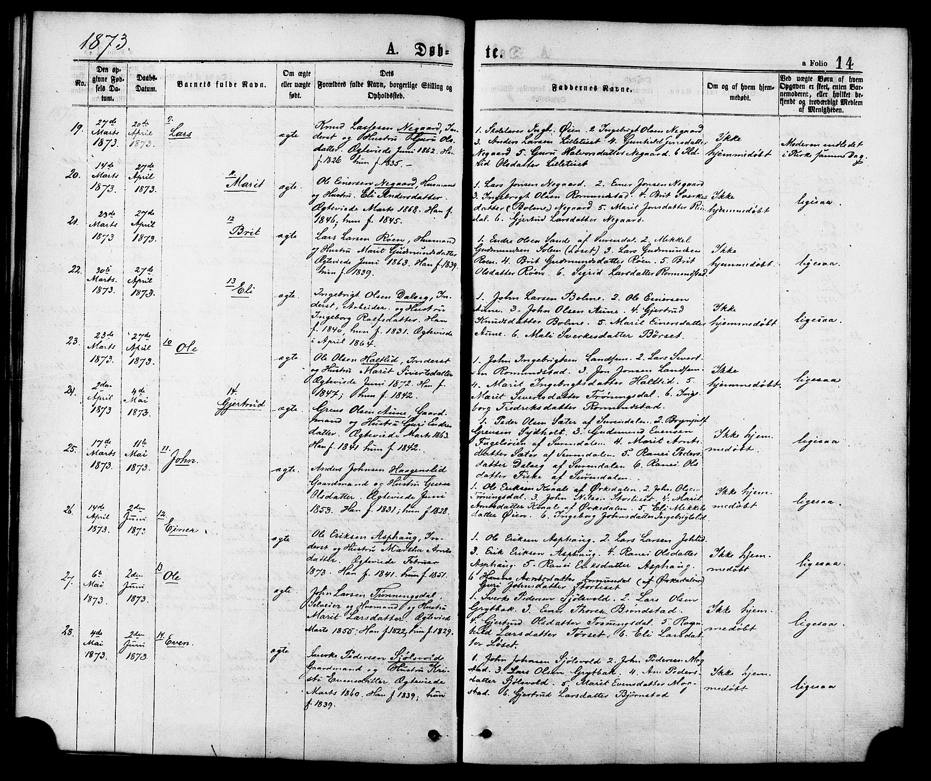 Ministerialprotokoller, klokkerbøker og fødselsregistre - Møre og Romsdal, AV/SAT-A-1454/598/L1068: Parish register (official) no. 598A02, 1872-1881, p. 14