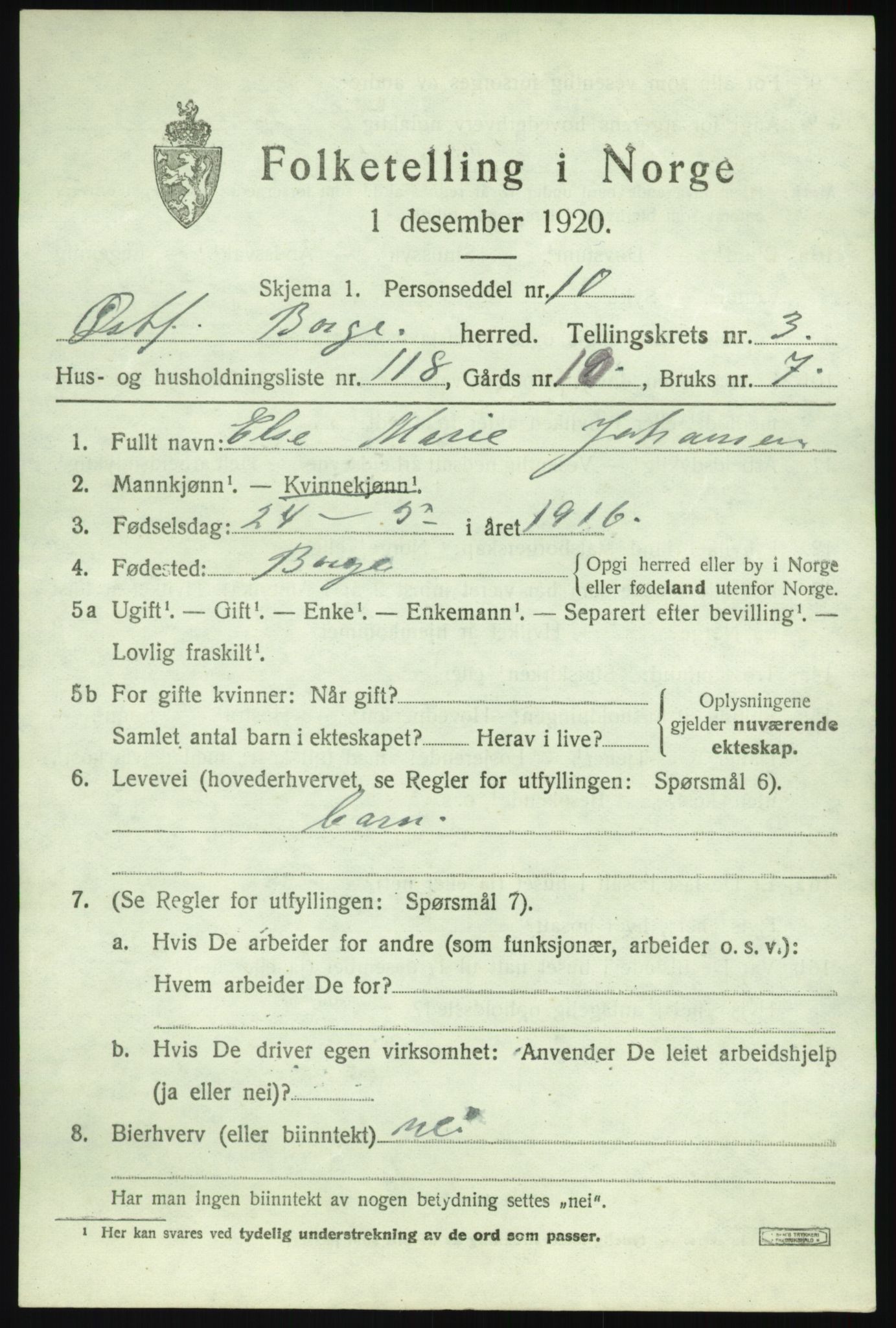 SAO, 1920 census for Borge, 1920, p. 5423