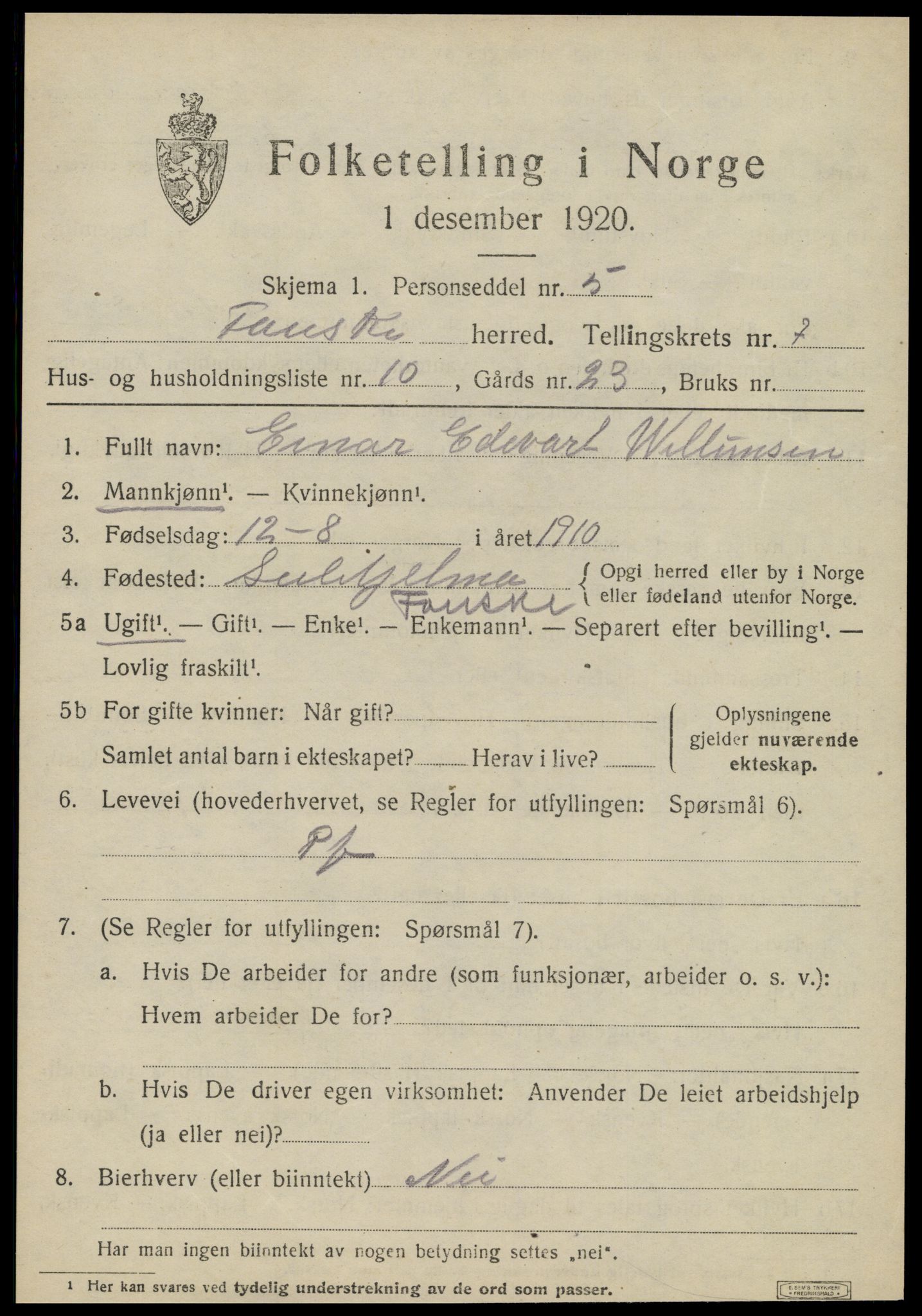 SAT, 1920 census for Fauske, 1920, p. 6060