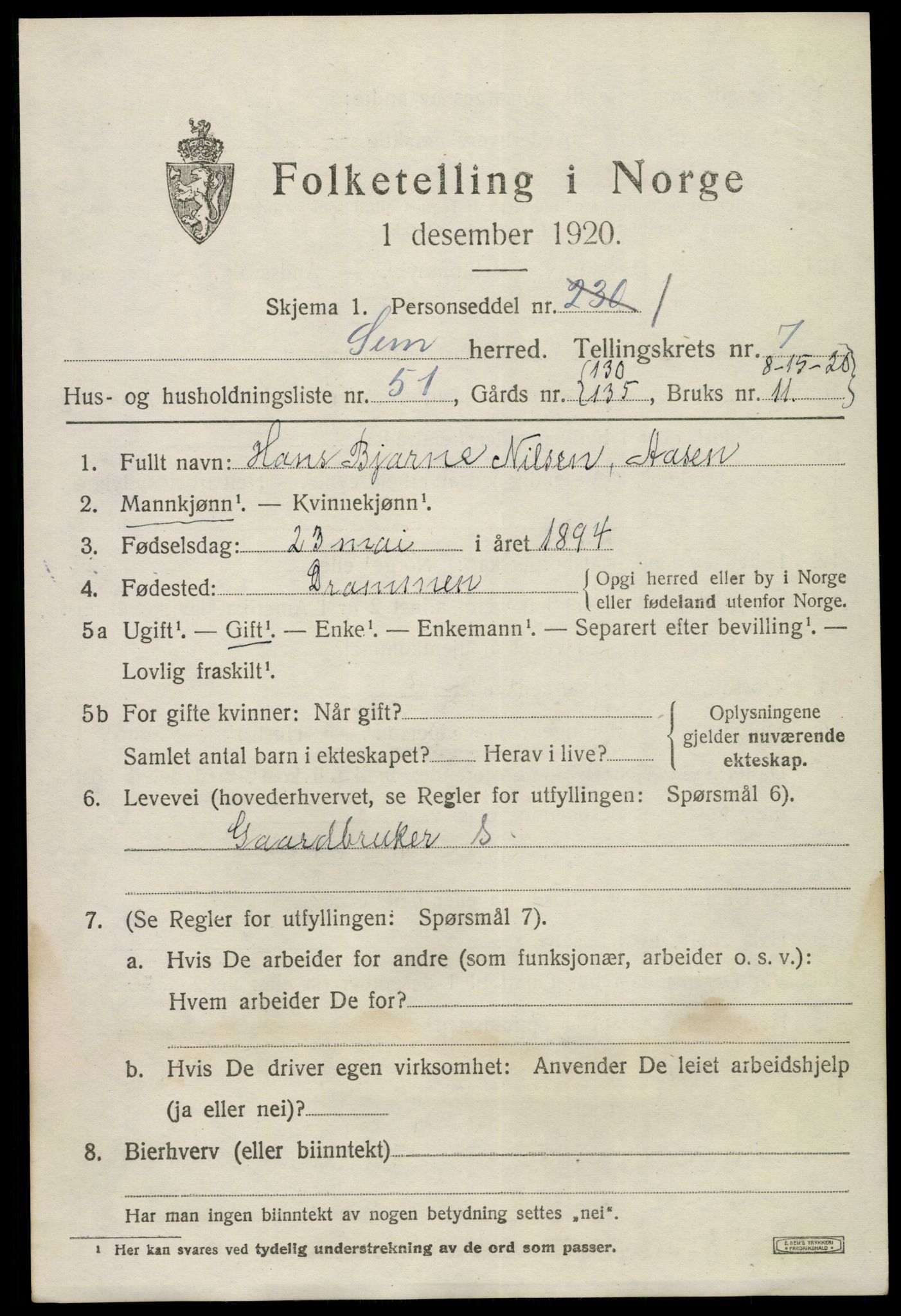 SAKO, 1920 census for Sem, 1920, p. 10801