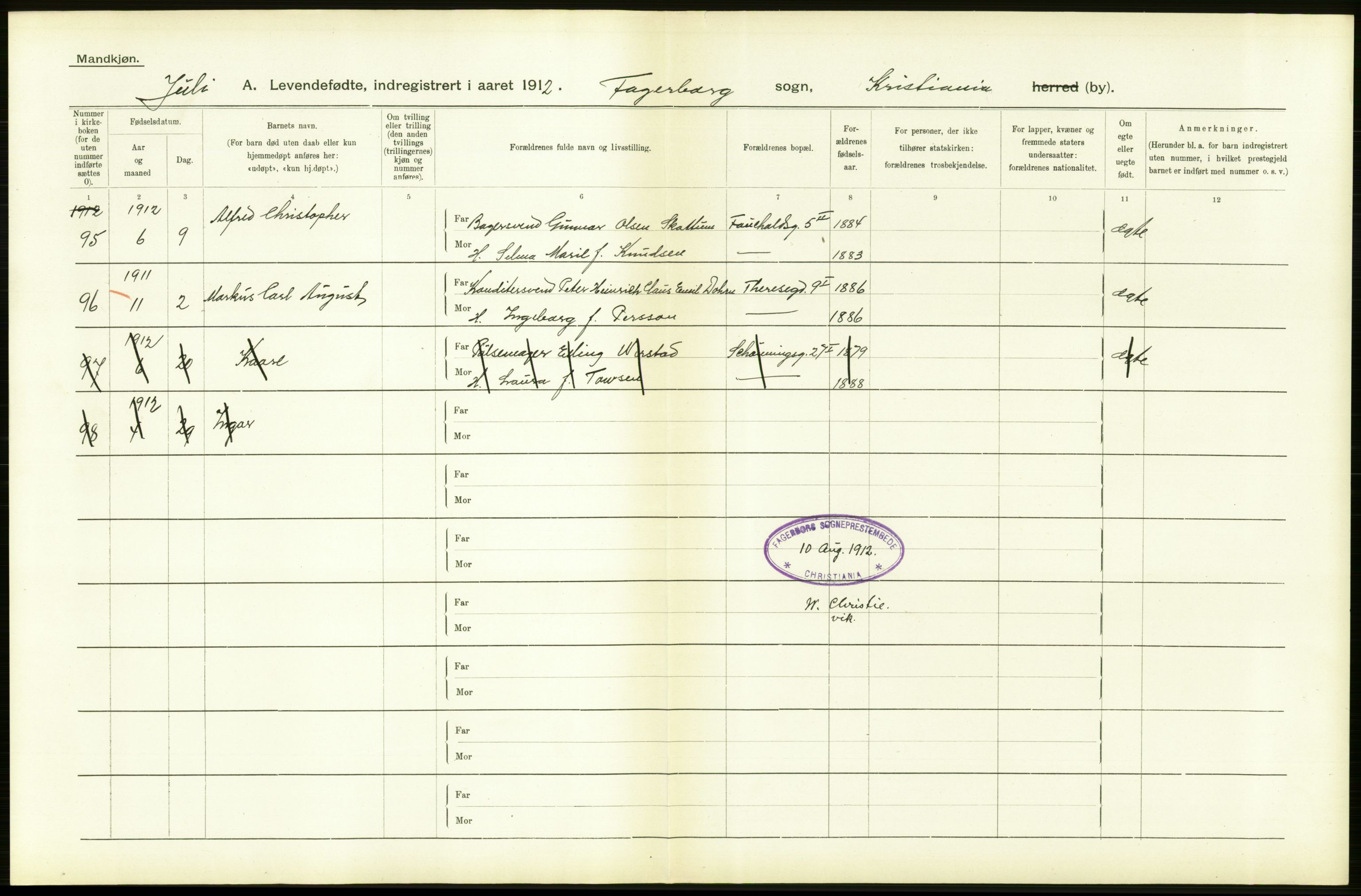 Statistisk sentralbyrå, Sosiodemografiske emner, Befolkning, RA/S-2228/D/Df/Dfb/Dfbb/L0007: Kristiania:  Levendefødte menn og kvinner., 1912, p. 632