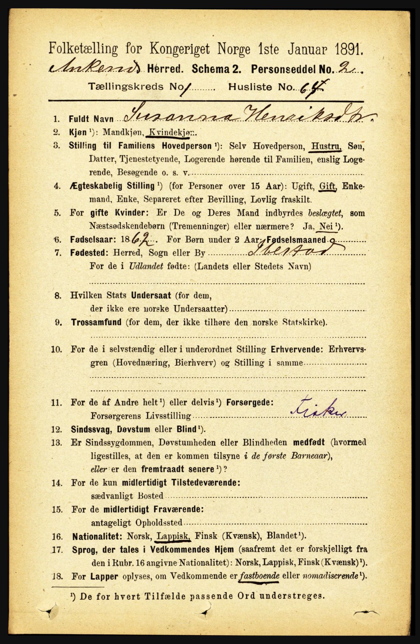 RA, 1891 census for 1855 Ankenes, 1891, p. 543