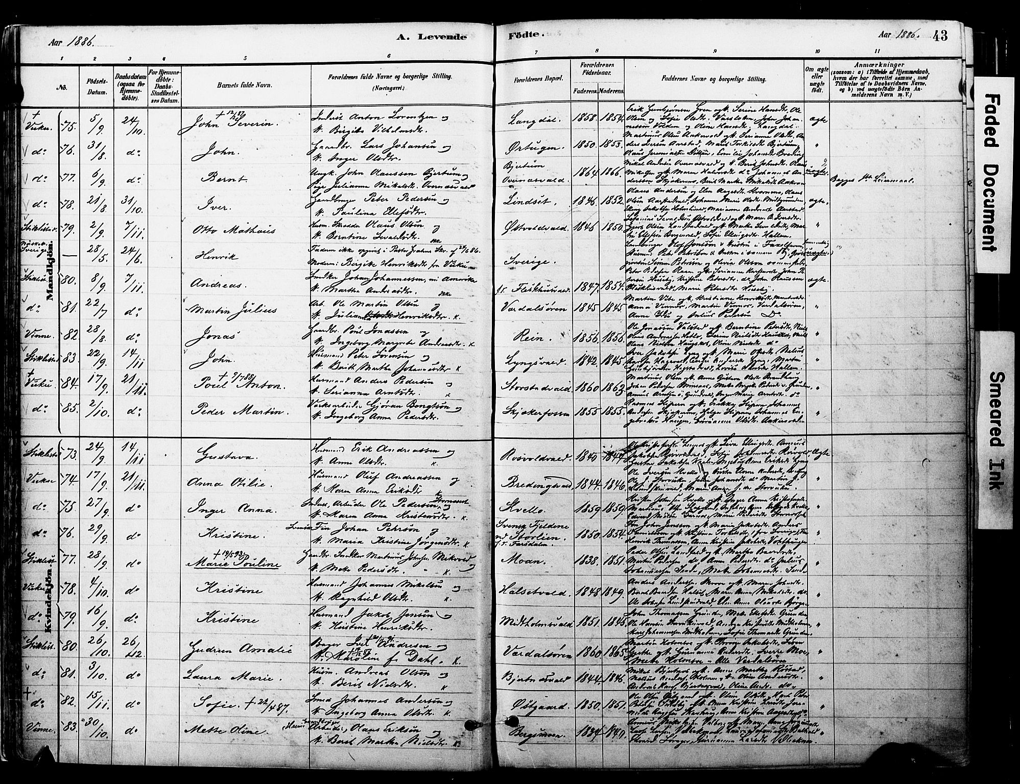 Ministerialprotokoller, klokkerbøker og fødselsregistre - Nord-Trøndelag, SAT/A-1458/723/L0244: Parish register (official) no. 723A13, 1881-1899, p. 43
