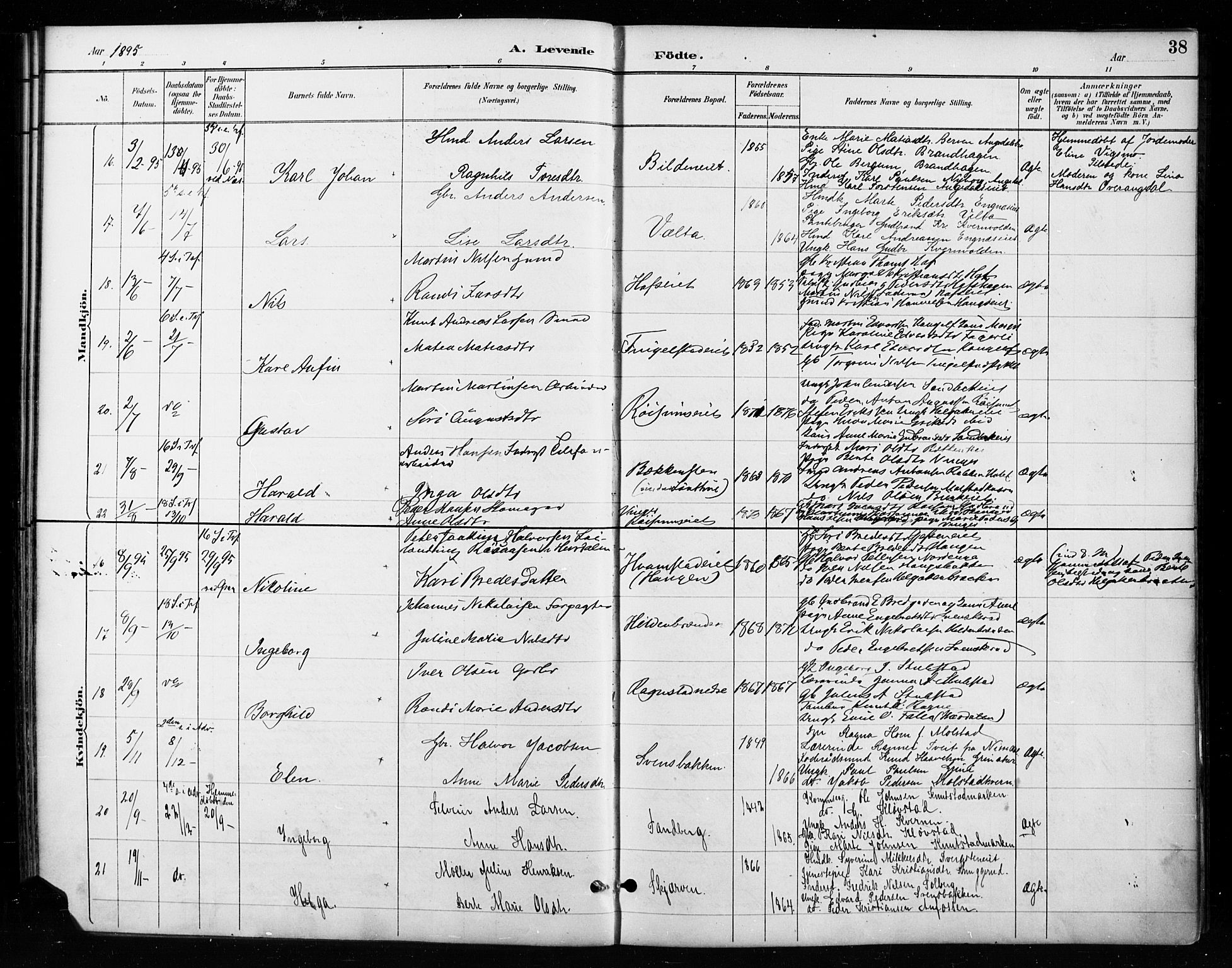 Gran prestekontor, SAH/PREST-112/H/Ha/Haa/L0018: Parish register (official) no. 18, 1889-1899, p. 38