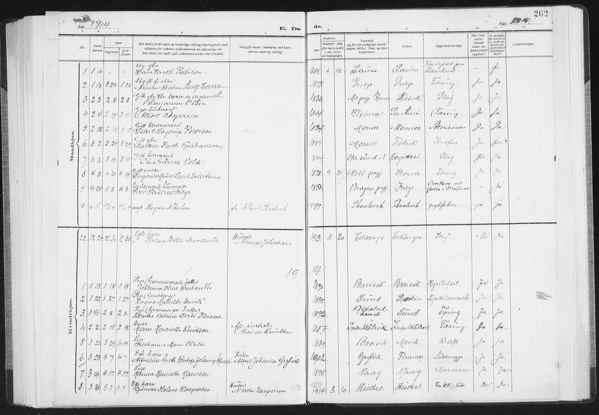 Ministerialprotokoller, klokkerbøker og fødselsregistre - Nordland, SAT/A-1459/805/L0104: Parish register (official) no. 805A09, 1909-1926, p. 262