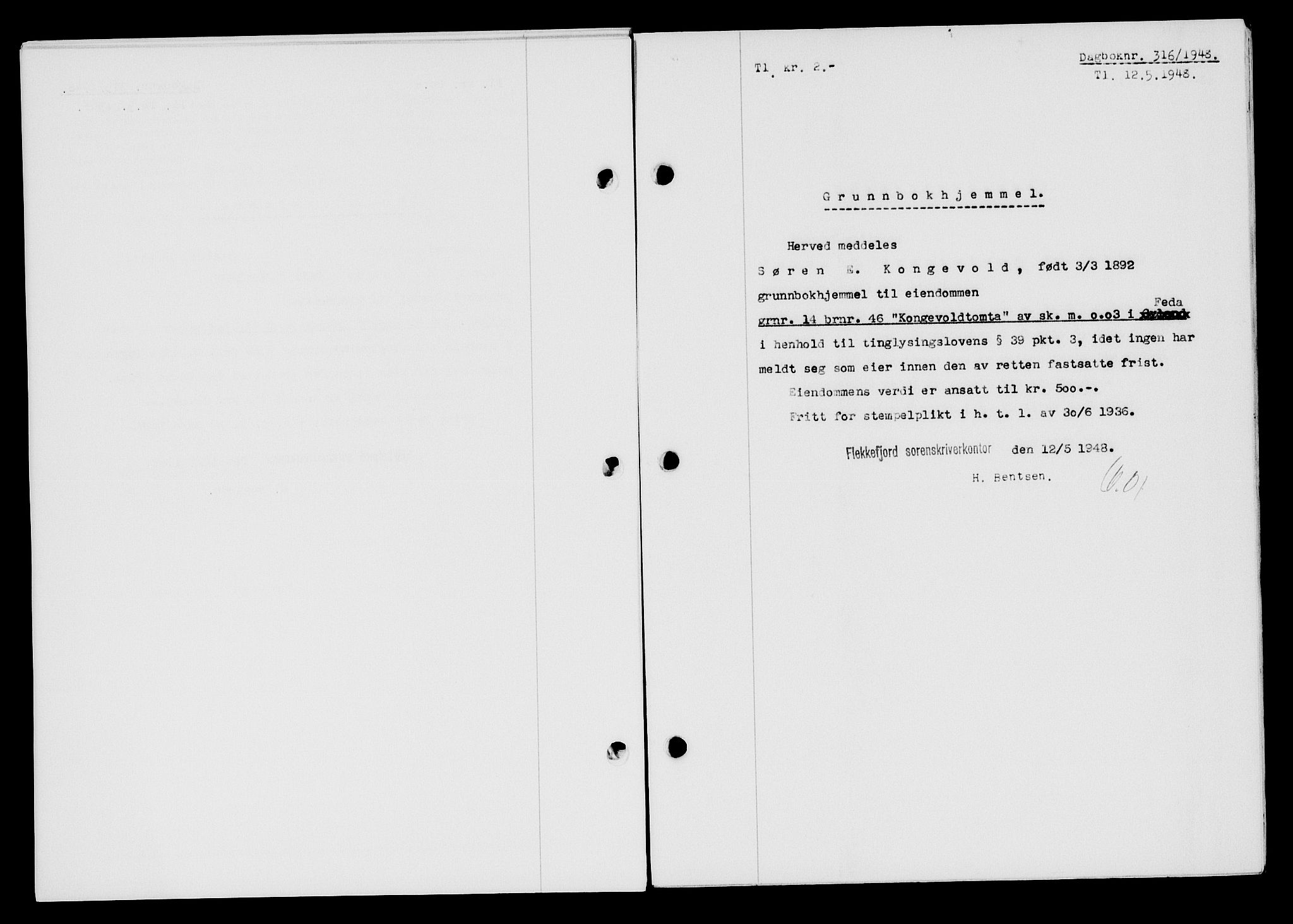 Flekkefjord sorenskriveri, SAK/1221-0001/G/Gb/Gba/L0063: Mortgage book no. A-11, 1947-1948, Diary no: : 316/1948
