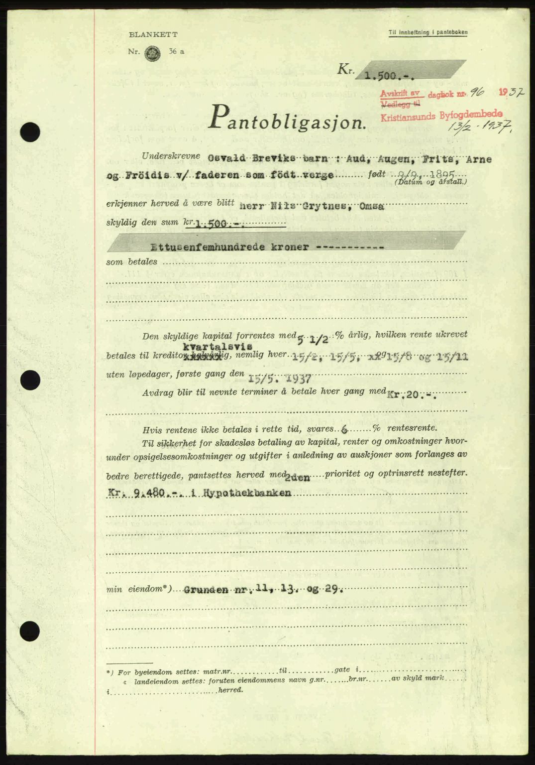 Kristiansund byfogd, AV/SAT-A-4587/A/27: Mortgage book no. 29, 1936-1937, Diary no: : 96/1937