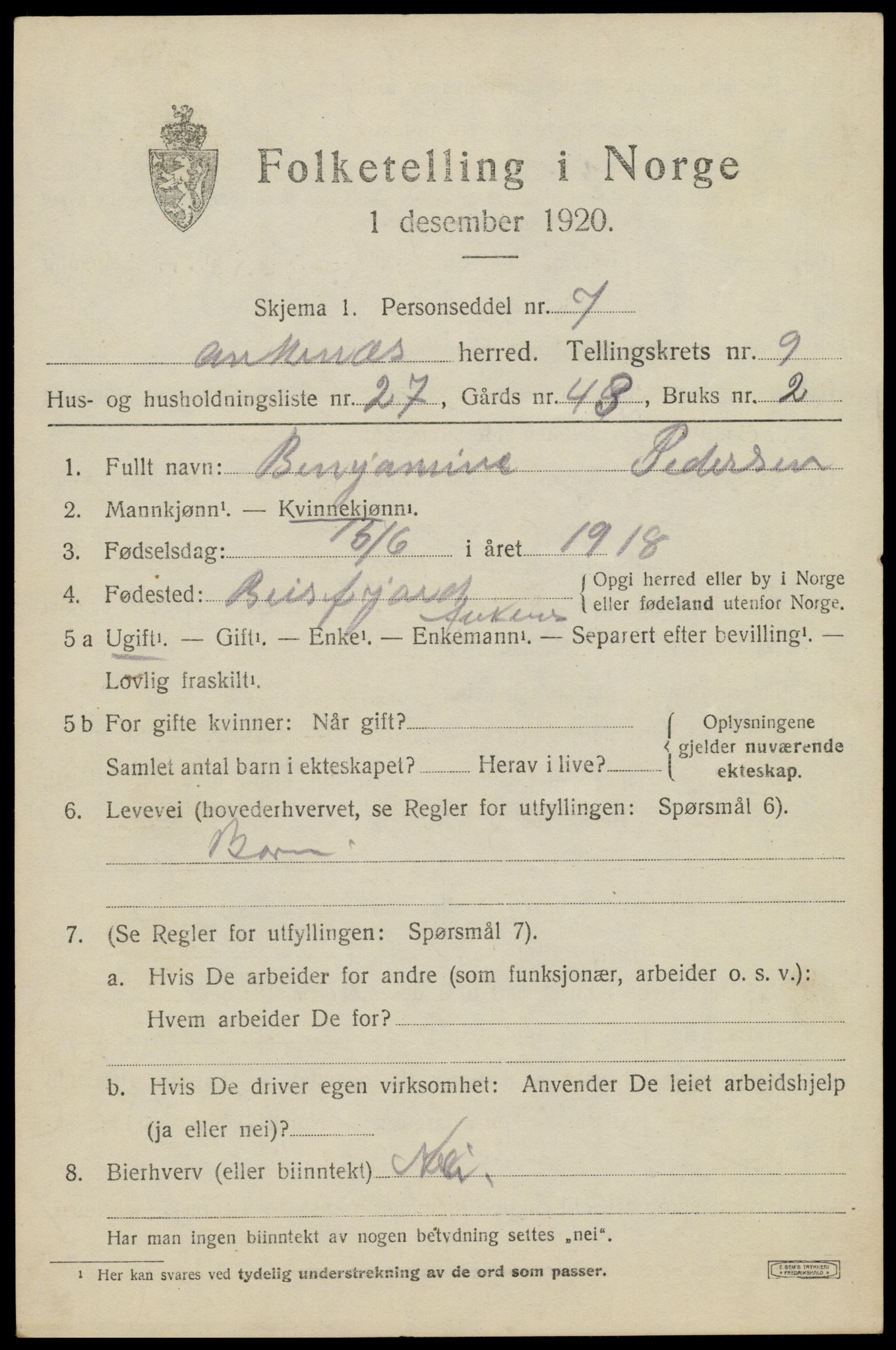 SAT, 1920 census for Ankenes, 1920, p. 4909