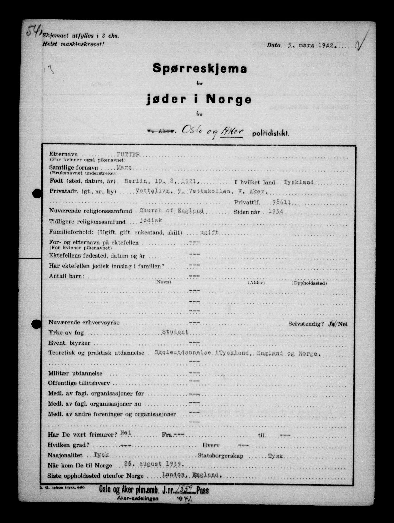 Statspolitiet - Hovedkontoret / Osloavdelingen, AV/RA-S-1329/G/Ga/L0011: Spørreskjema for jøder i Norge. 1: Oslo 610-806 (Plavnik-Zwillinger). 2: Aker 1-113 (Adler-Lewin). , 1942, p. 747