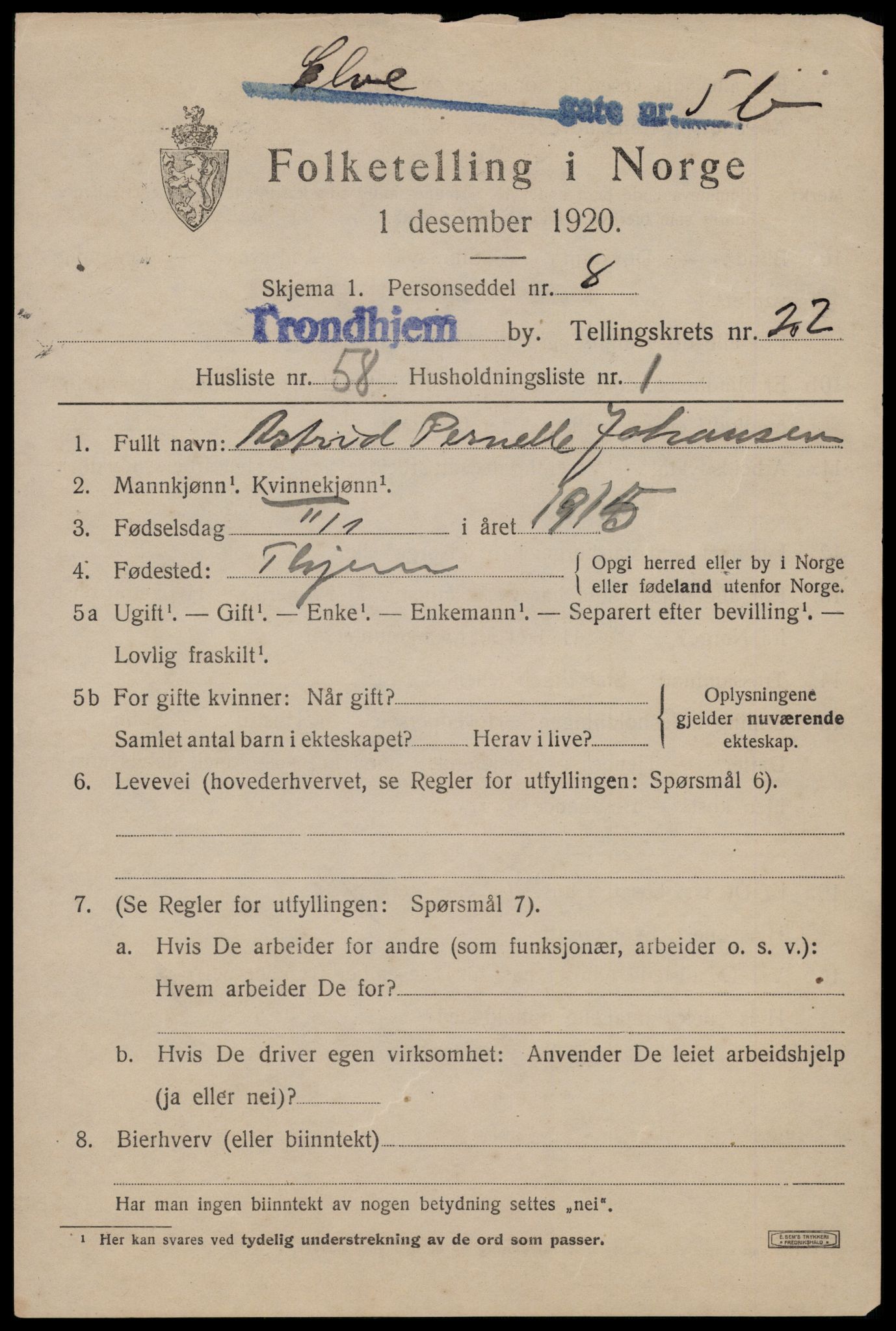 SAT, 1920 census for Trondheim, 1920, p. 63928