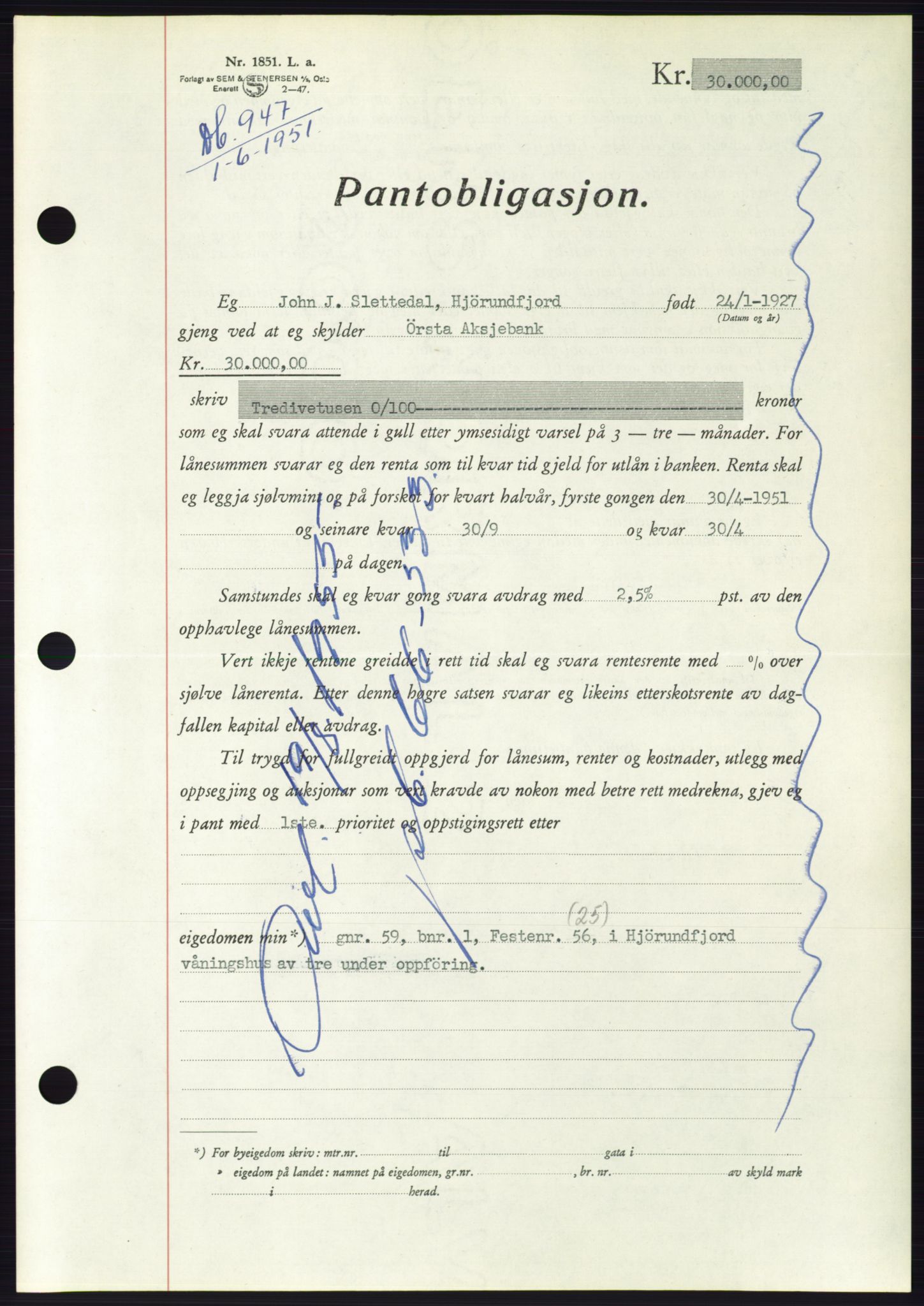 Søre Sunnmøre sorenskriveri, AV/SAT-A-4122/1/2/2C/L0120: Mortgage book no. 8B, 1951-1951, Diary no: : 947/1951