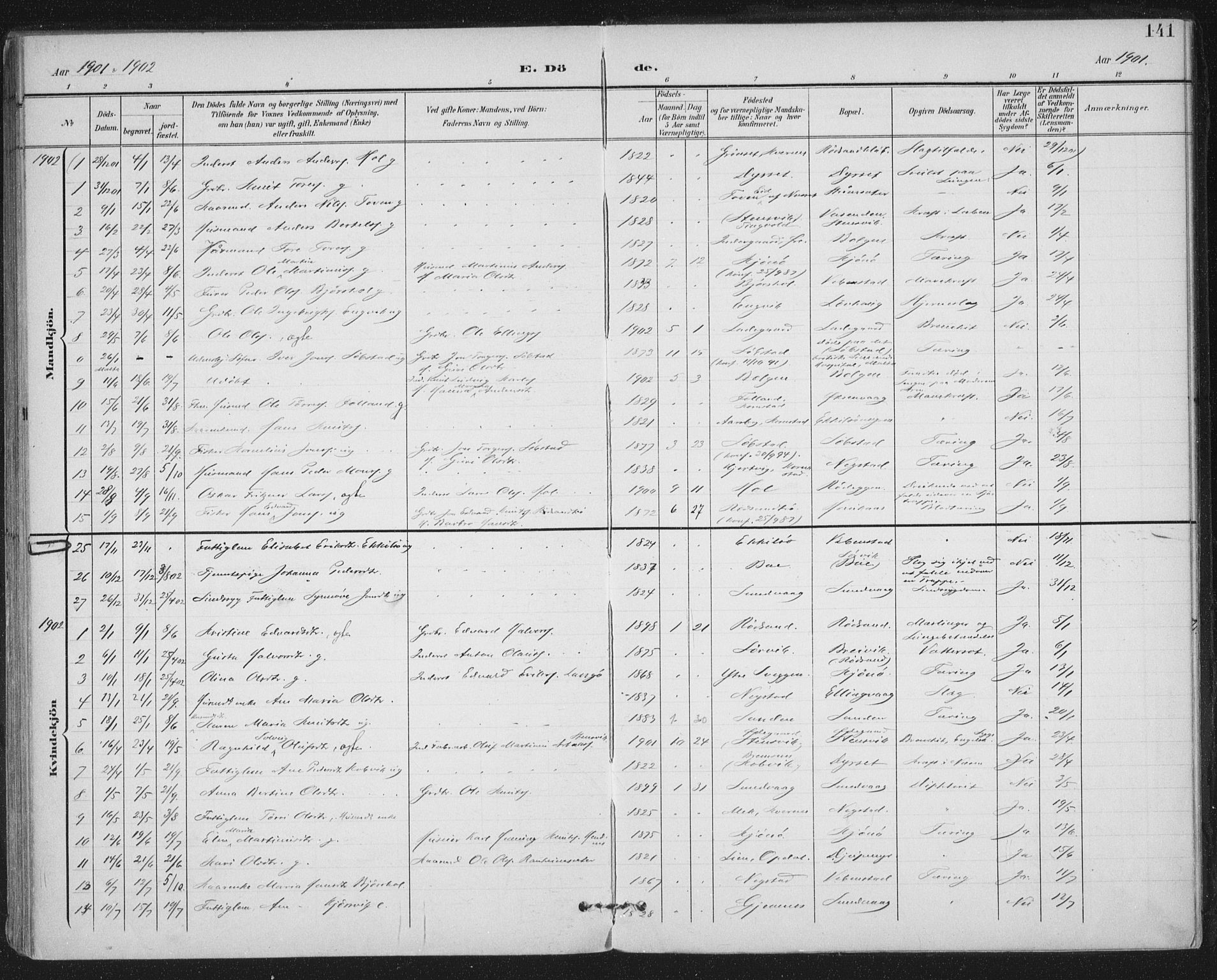 Ministerialprotokoller, klokkerbøker og fødselsregistre - Møre og Romsdal, SAT/A-1454/569/L0820: Parish register (official) no. 569A06, 1900-1911, p. 141