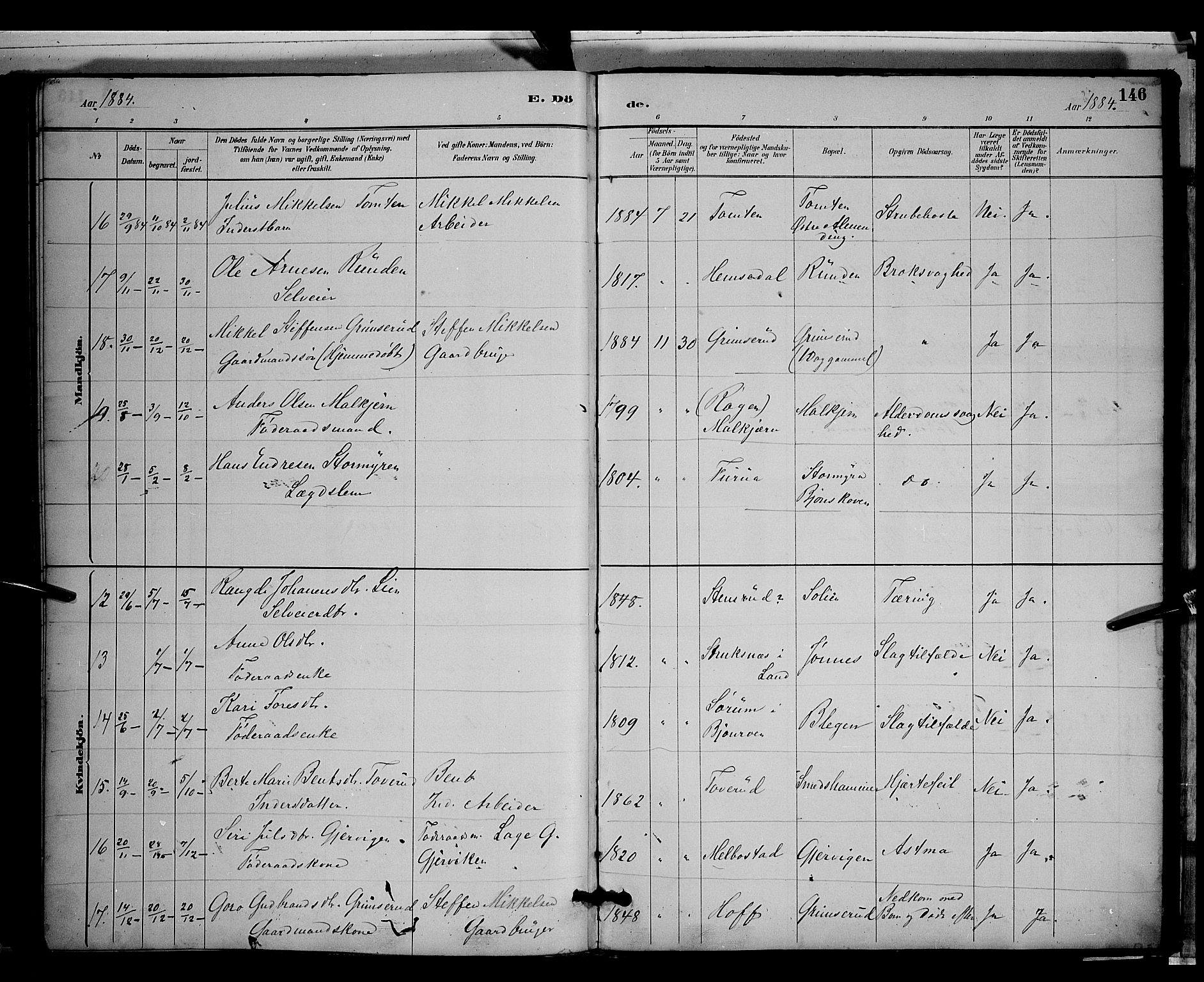 Gran prestekontor, SAH/PREST-112/H/Ha/Hab/L0003: Parish register (copy) no. 3, 1882-1890, p. 146