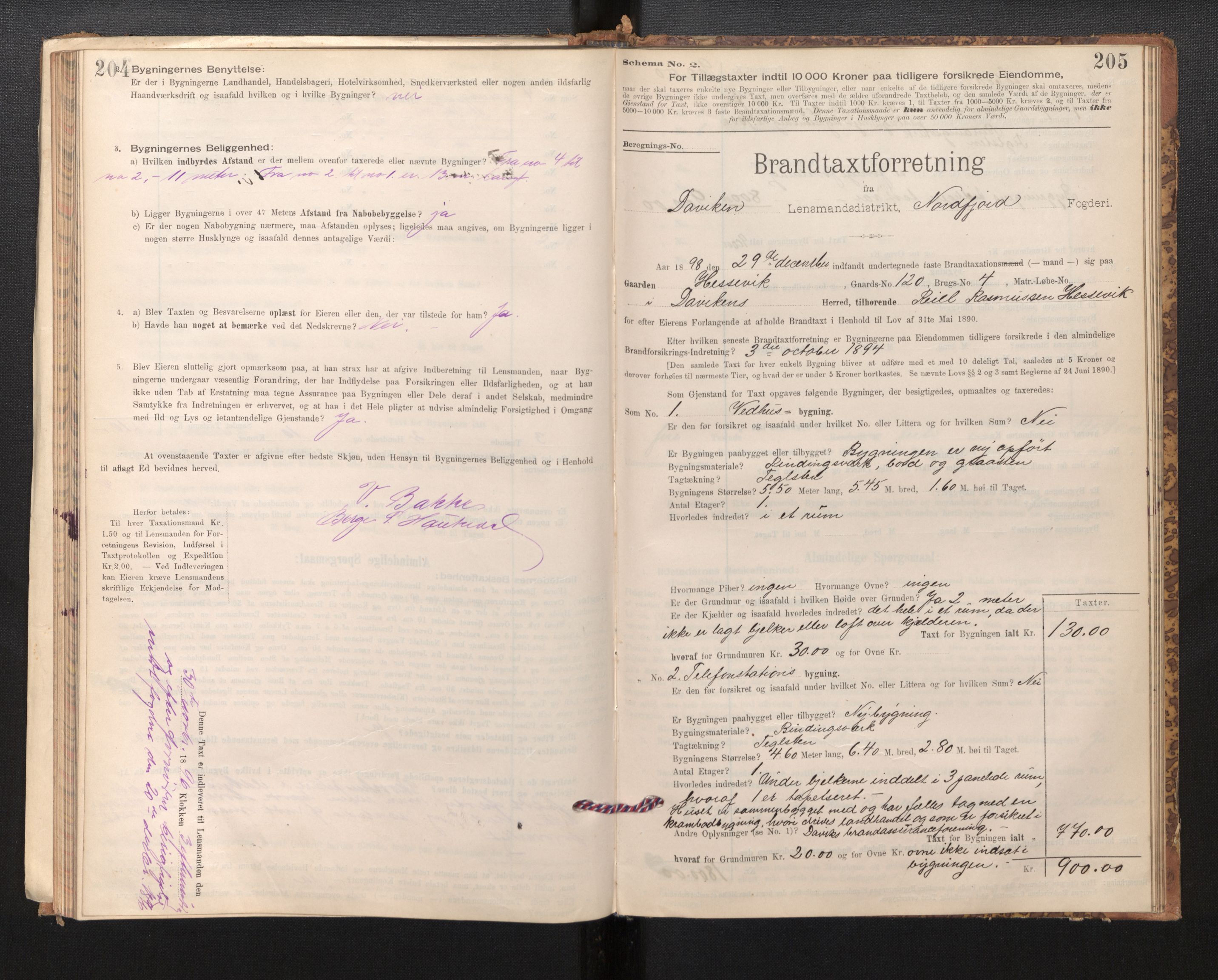 Lensmannen i Davik, SAB/A-26801/0012/L0004: Branntakstprotokoll, skjematakst, 1894-1915, p. 204-205