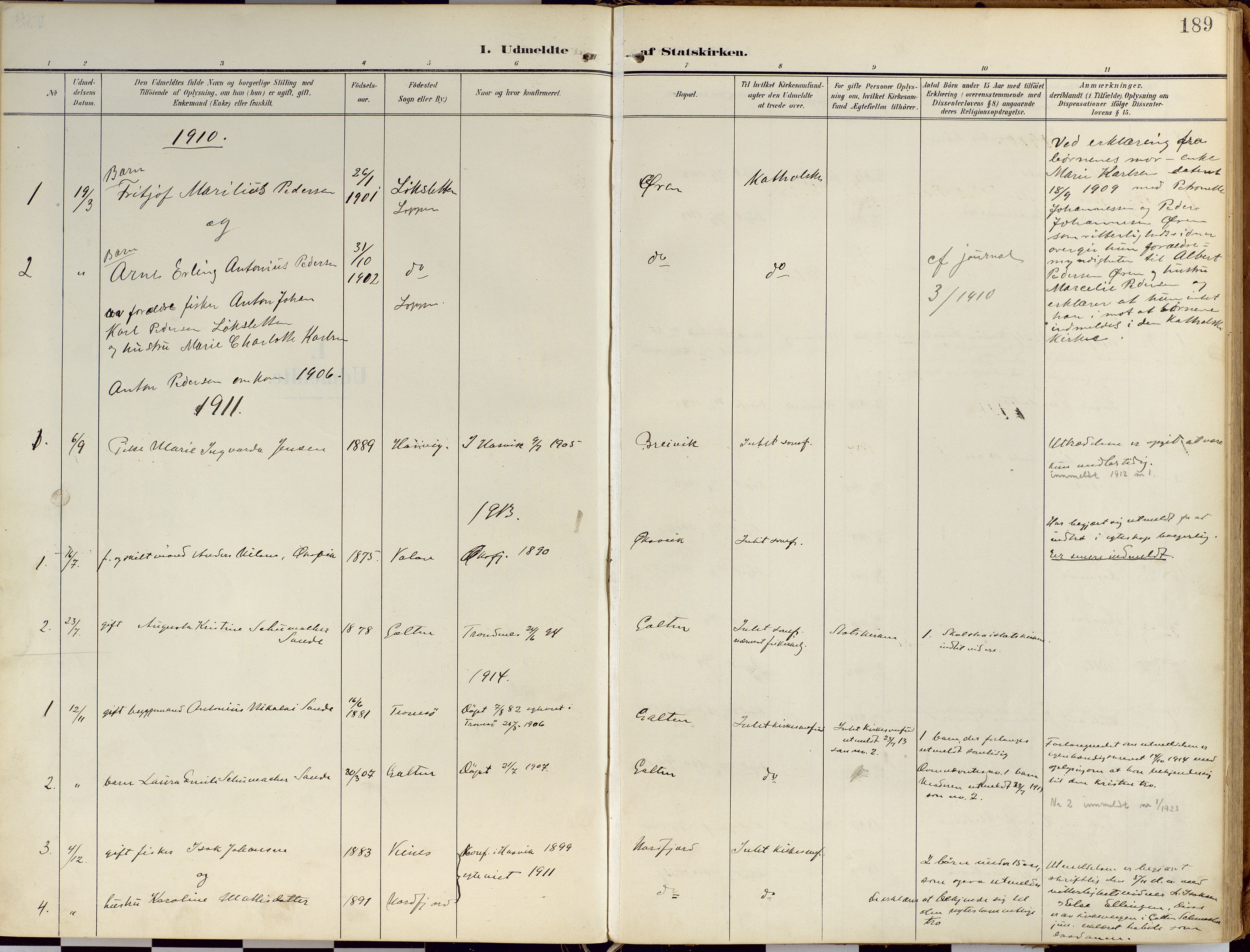 Loppa sokneprestkontor, AV/SATØ-S-1339/H/Ha/L0010kirke: Parish register (official) no. 10, 1907-1922, p. 189