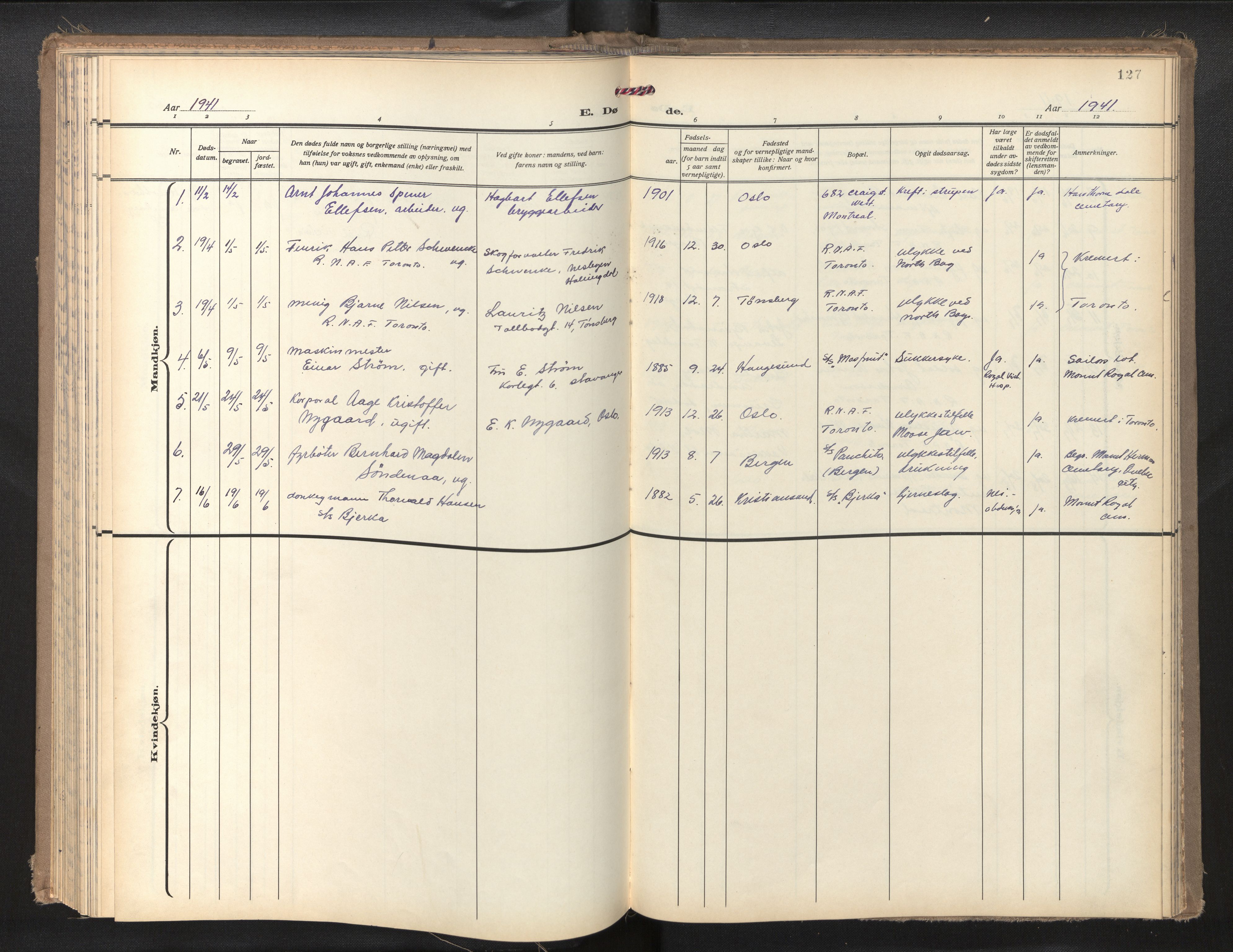 Den norske sjømannsmisjon i utlandet/Montreal-Halifax, SAB/SAB/PA-0116/H/Ha/L0001: Parish register (official) no. A 1, 1929-1960, p. 126b-127a