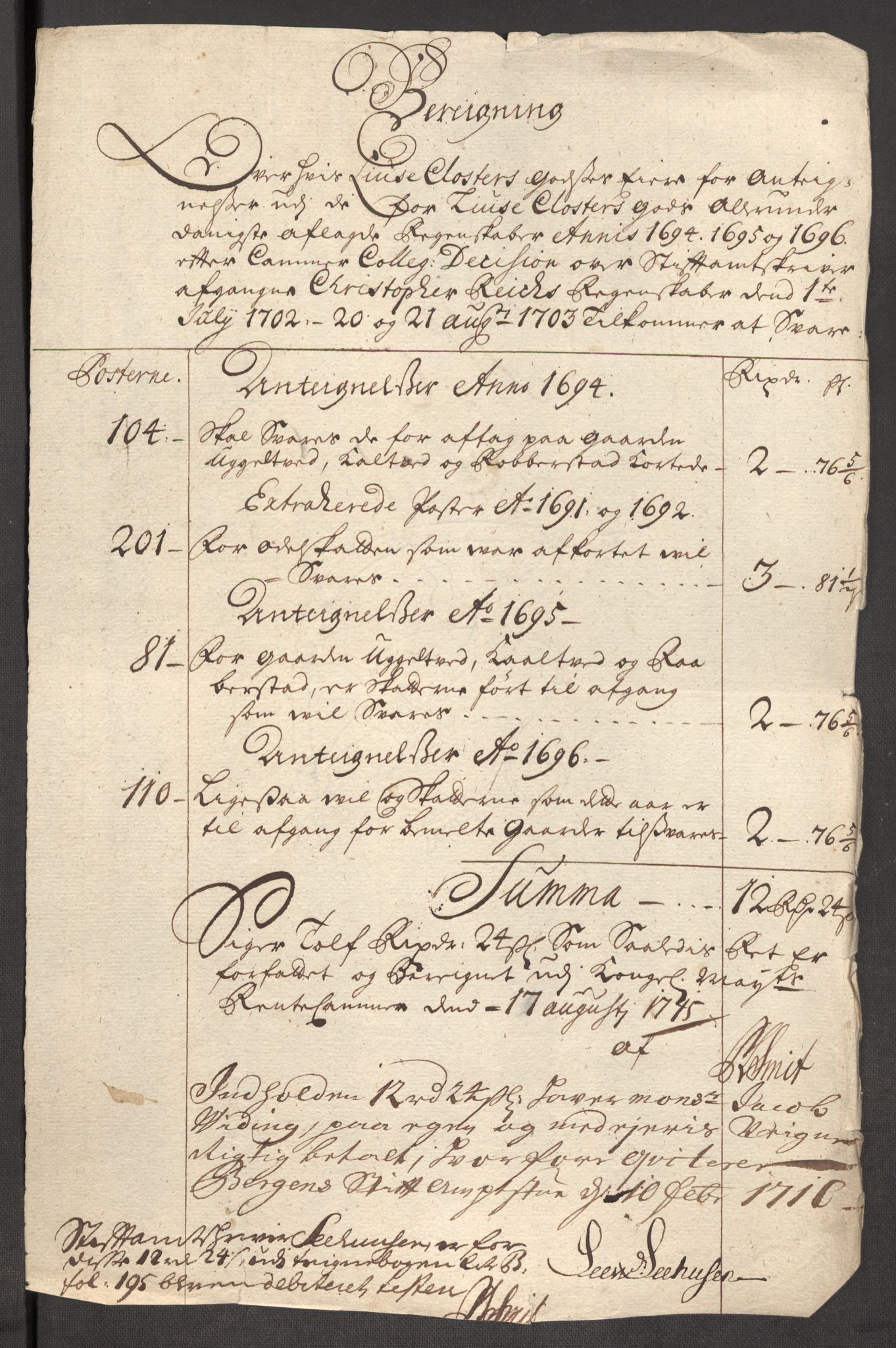 Rentekammeret inntil 1814, Reviderte regnskaper, Fogderegnskap, AV/RA-EA-4092/R50/L3160: Fogderegnskap Lyse kloster, 1710-1719, p. 339