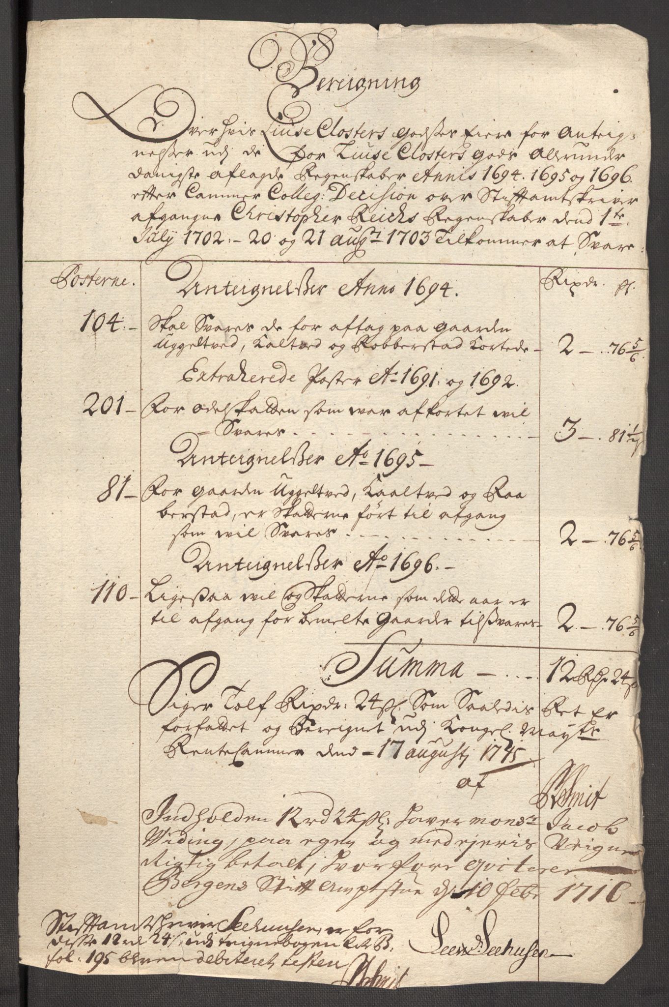 Rentekammeret inntil 1814, Reviderte regnskaper, Fogderegnskap, RA/EA-4092/R50/L3160: Fogderegnskap Lyse kloster, 1710-1719, p. 339