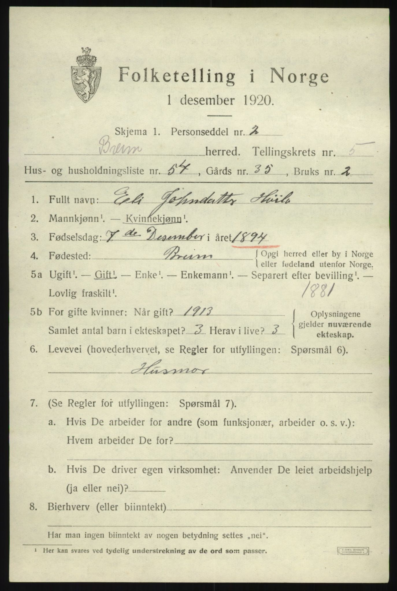 SAB, 1920 census for Breim, 1920, p. 3465