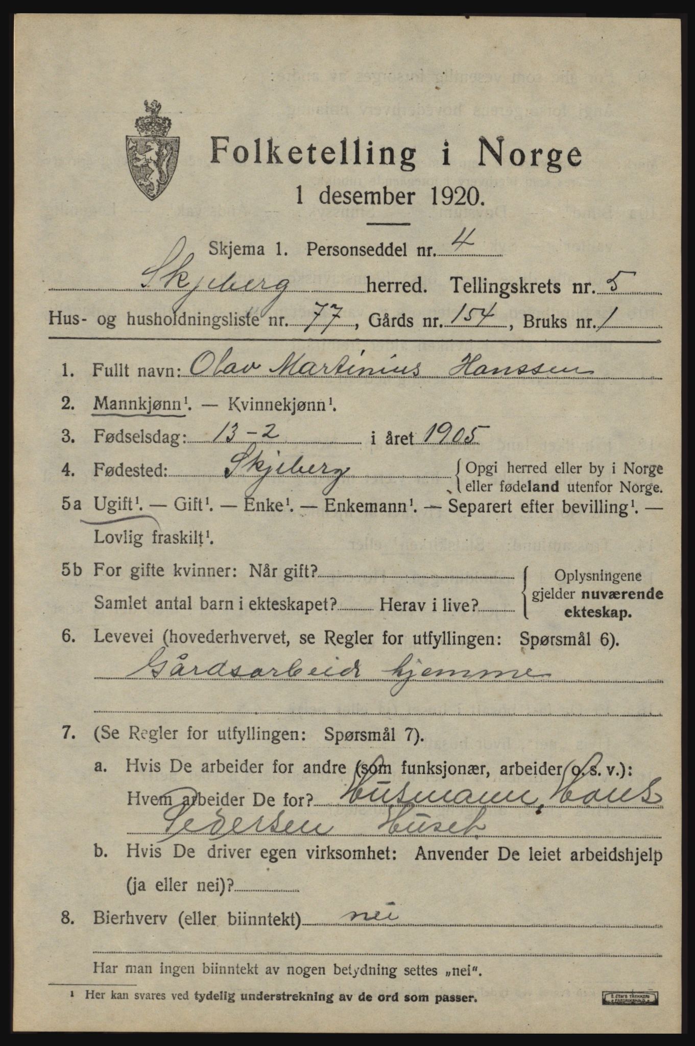 SAO, 1920 census for Skjeberg, 1920, p. 6595