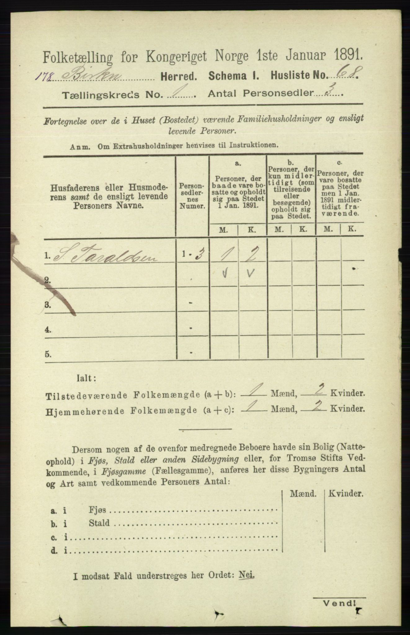 RA, 1891 Census for 0928 Birkenes, 1891, p. 88