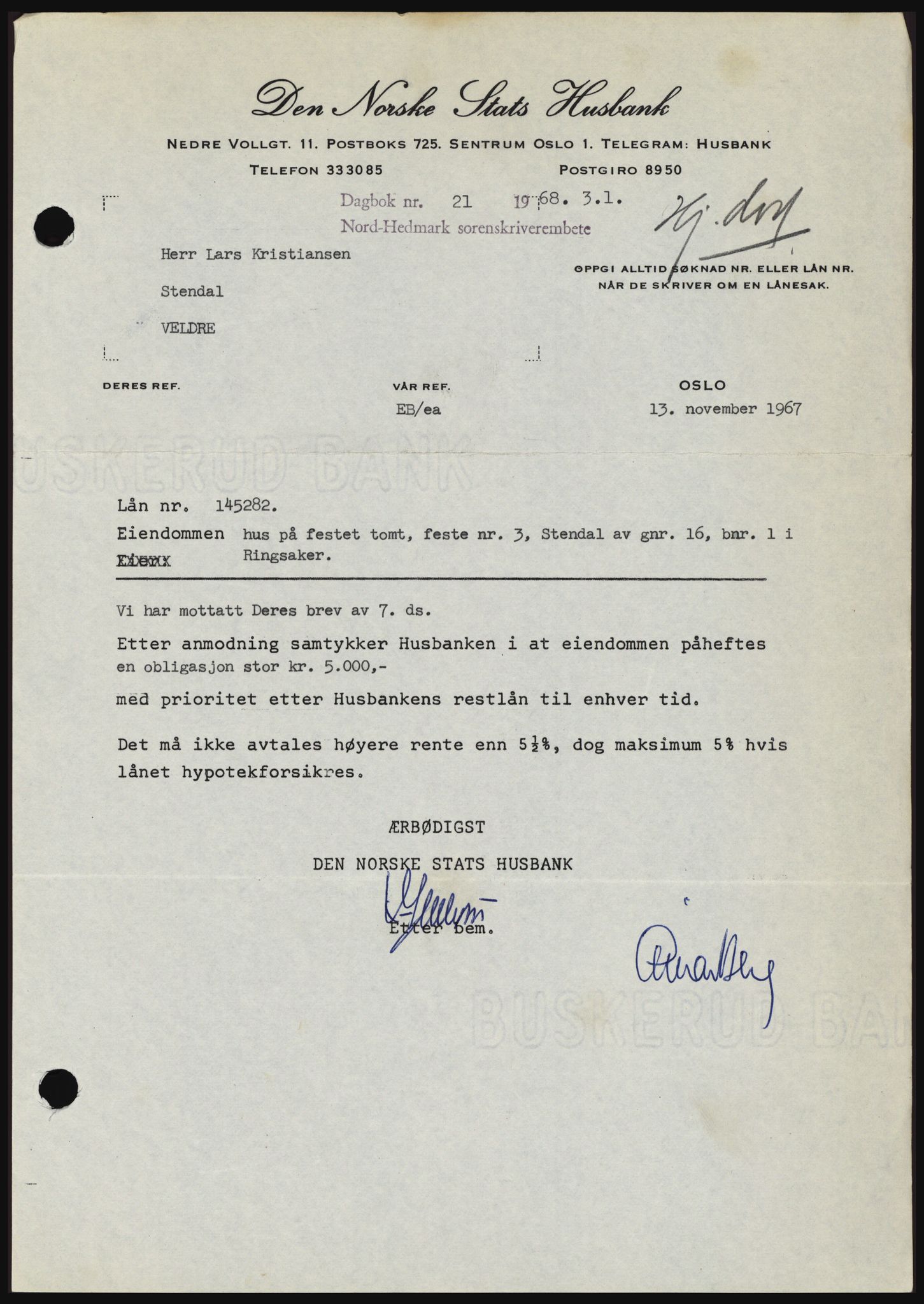 Nord-Hedmark sorenskriveri, SAH/TING-012/H/Hc/L0027: Mortgage book no. 27, 1967-1968, Diary no: : 21/1968