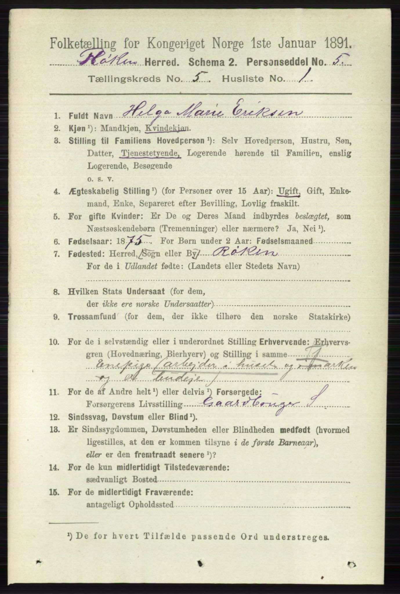 RA, 1891 census for 0627 Røyken, 1891, p. 2893