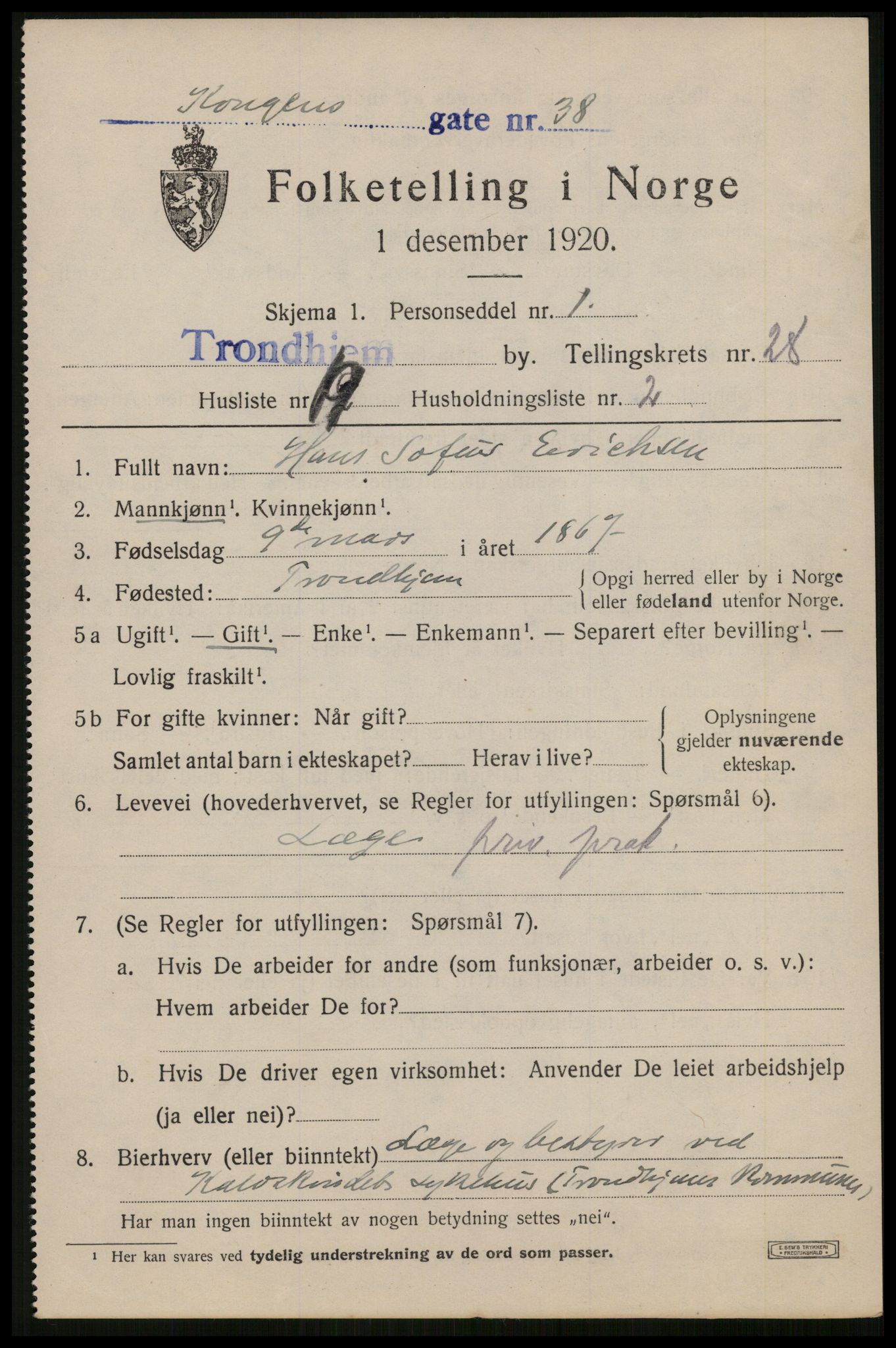 SAT, 1920 census for Trondheim, 1920, p. 70056