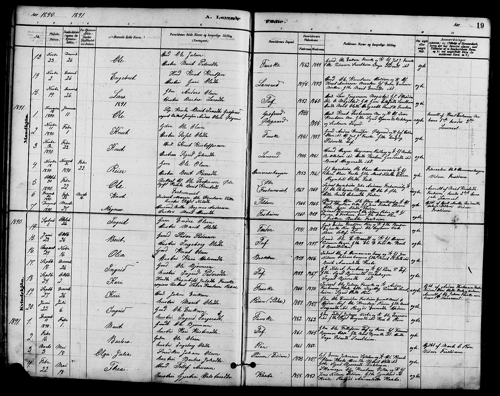 Vestre Slidre prestekontor, AV/SAH-PREST-136/H/Ha/Hab/L0005: Parish register (copy) no. 5, 1881-1913, p. 19