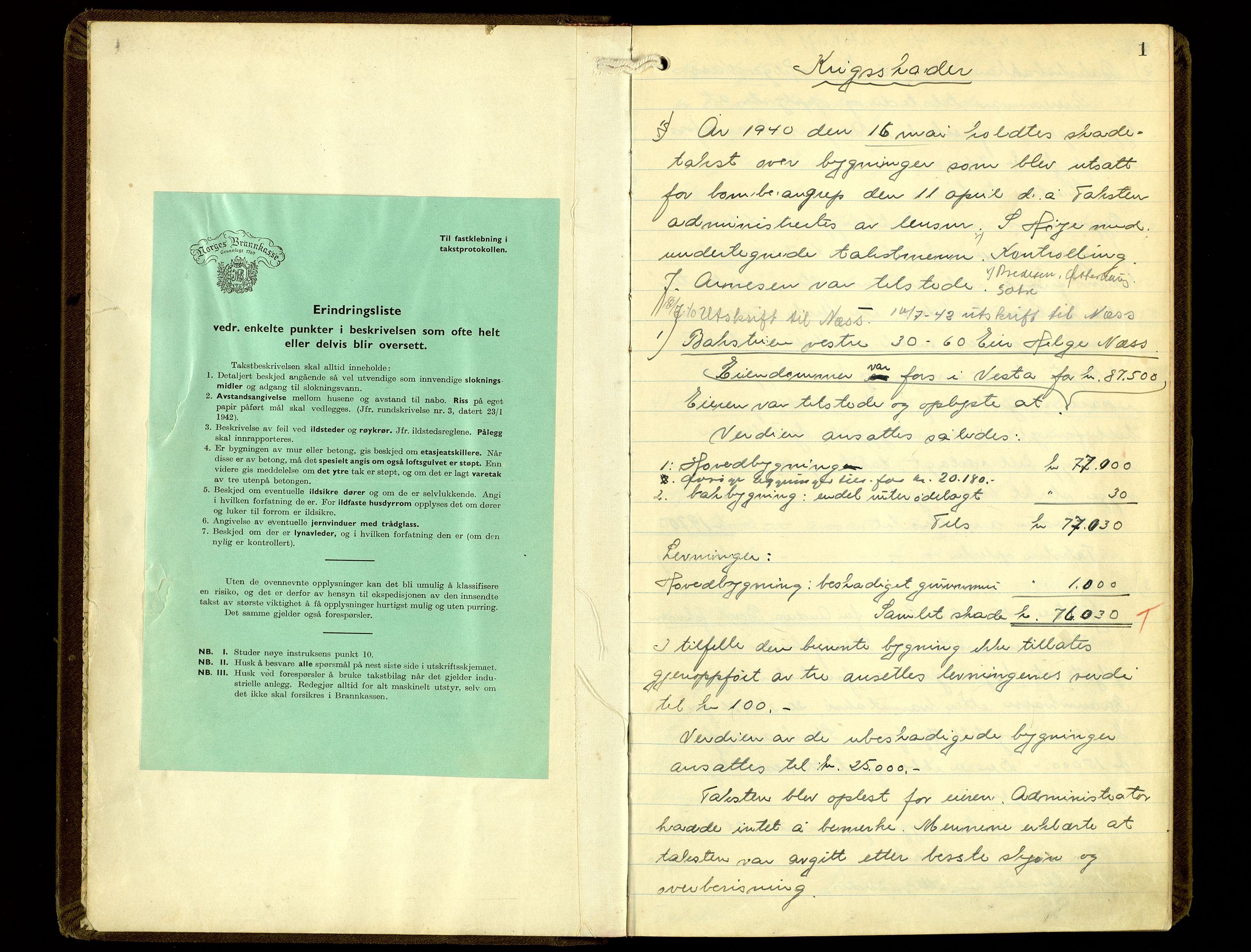 Norges Brannkasse, Elverum, SAH/NBRANE-020/F/L0002: Branntakstprotokoll, 1940-1946, p. 1