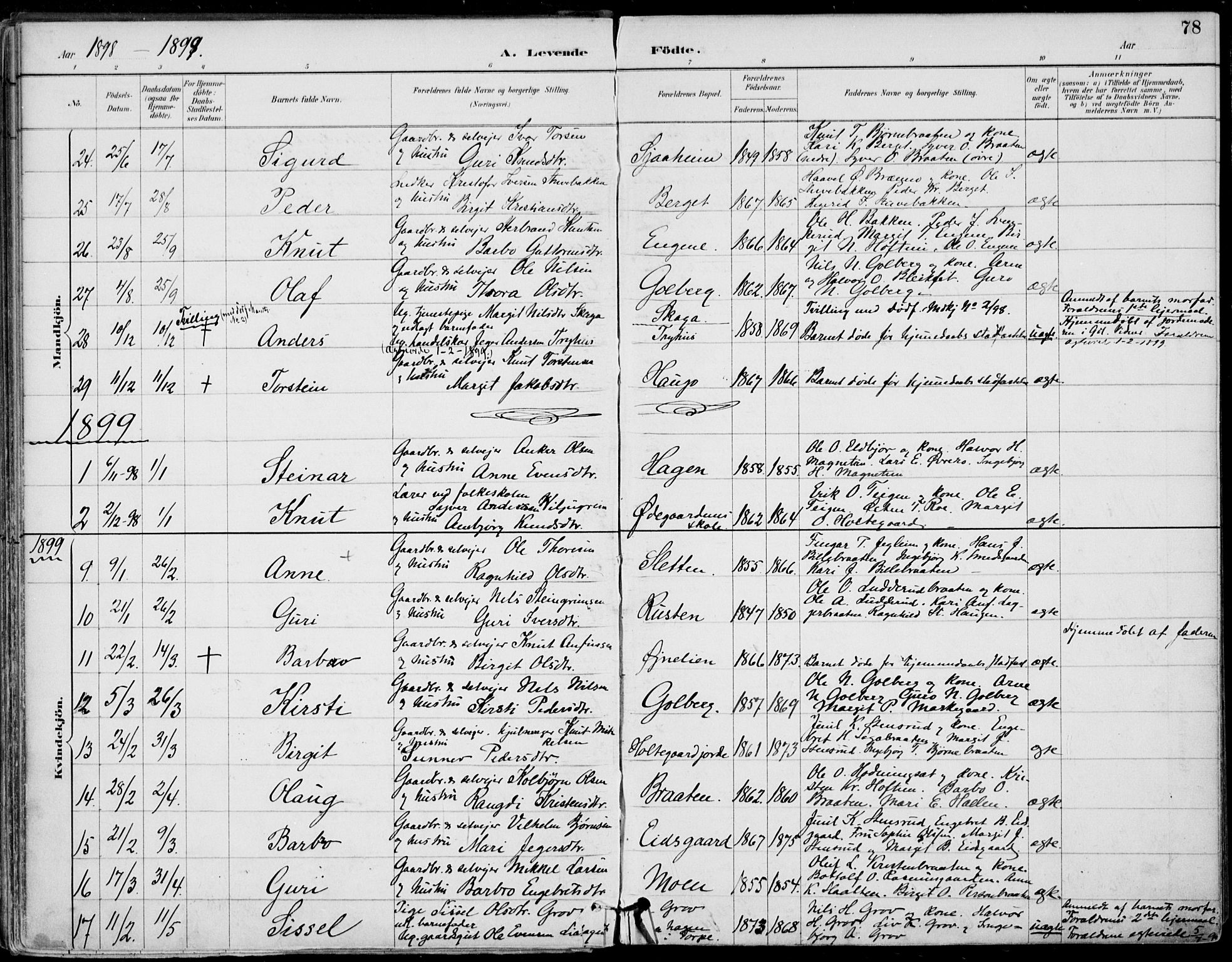 Gol kirkebøker, AV/SAKO-A-226/F/Fa/L0005: Parish register (official) no. I 5, 1887-1900, p. 78