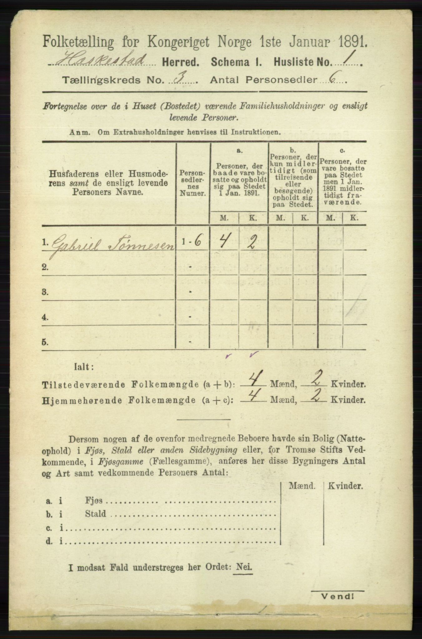 RA, 1891 census for 1113 Heskestad, 1891, p. 392
