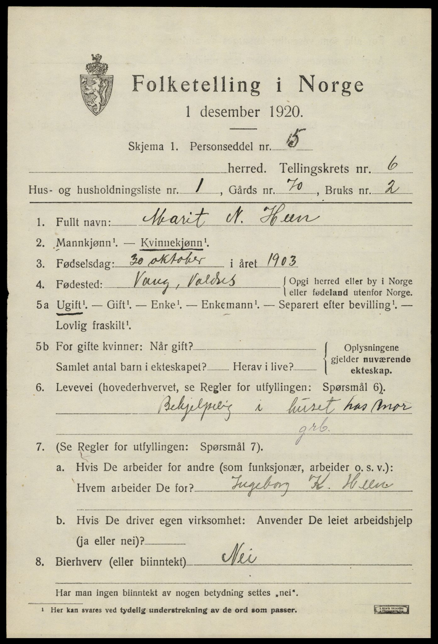 SAH, 1920 census for Vang (Oppland), 1920, p. 2637